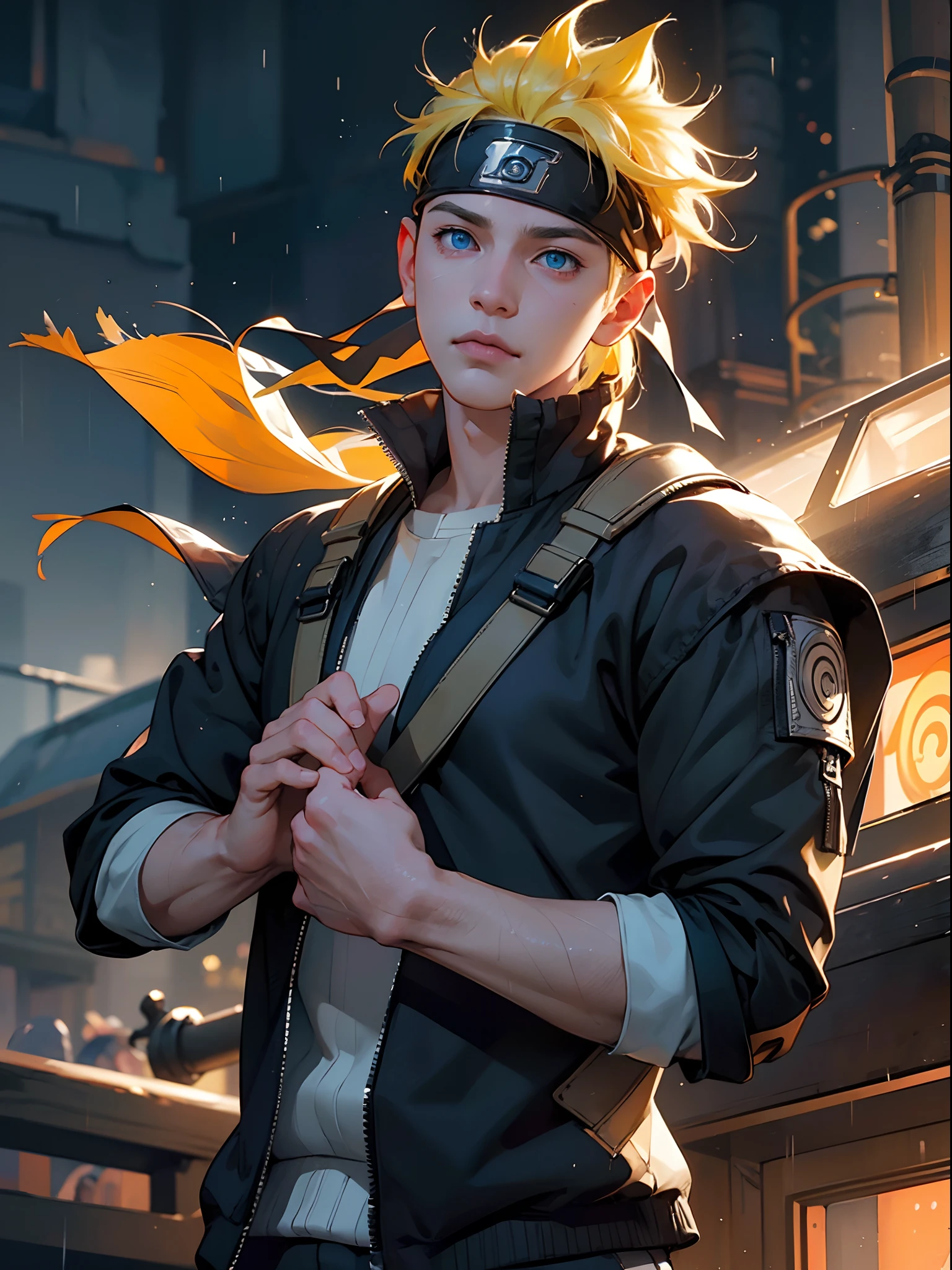 full body,masterpiece, best quality, detailed, 1boy, handsome,male,looking at viewer, naruto,Heavy rain realistic,blue eye,yellow hair,konoha realistic detail headband,eye realistic,nose realistic,mouth realistic,skin realistic,face realistic,head realistic,body realistic, background art cinematic,backpack,big eye sharp, photorealistic, photoshoot