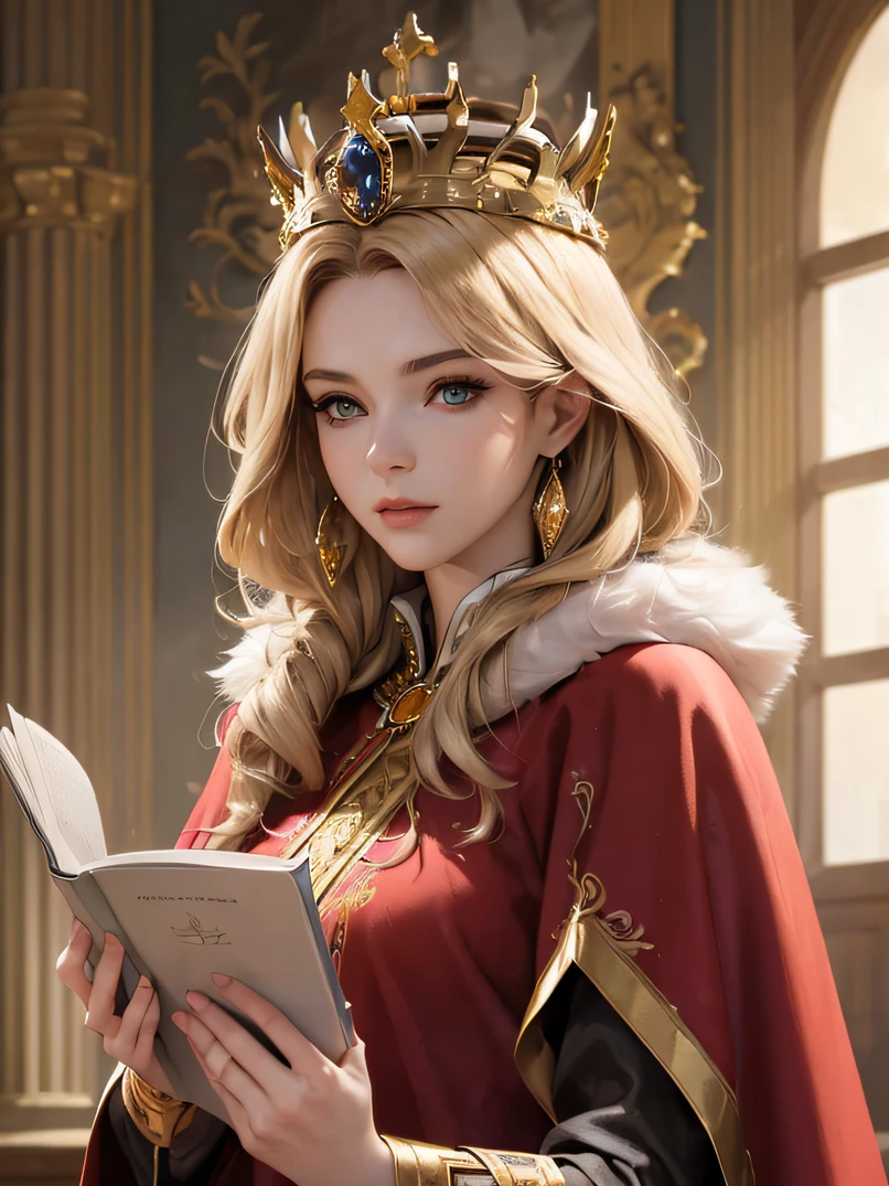 (top-quality、masuter piece:1.3)、reallistic、Realistic、cowboy  shot、analog style、face lights、Stunning portrait of a beautiful woman、1人の女性、((Warrior Queen Armor、Fur-lined cape、Luxurious red cloak、Golden crown adorned with precious stones))、Serious、glistning skin、Blonde Beauty、Blue eyes、Sharp eyes、hyperdetailed face、A detailed eye、slim figure、desk work、Lots of books、Write in a note、Detailed hand depiction、Soft stool、Gothic study of a medieval palace、Look at viewers