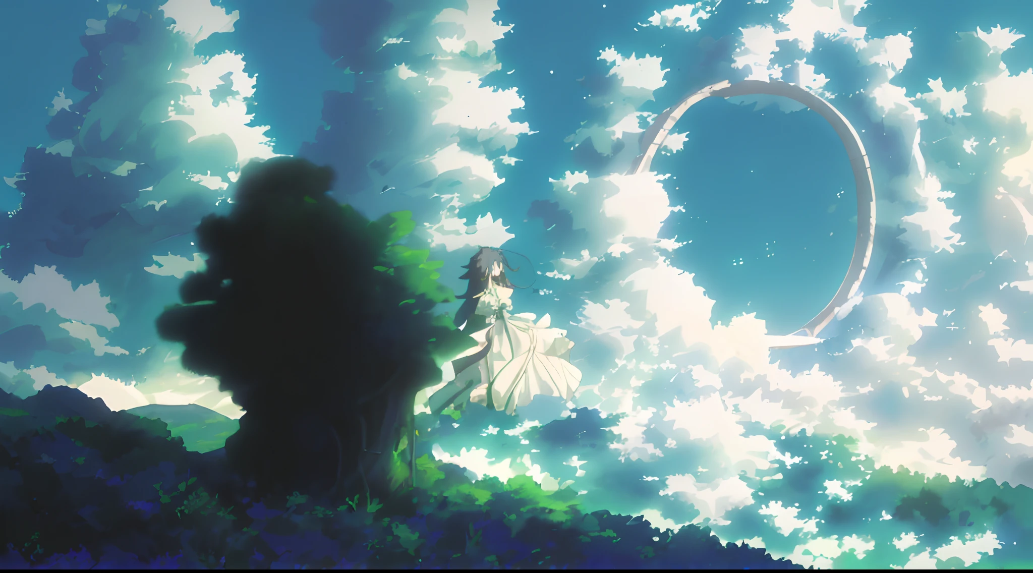 (with Kyoto animation studio art style) A captivating woman stands gracefully amidst a vast expanse of lush green field, adorned in a predominantly blue gown with delicate white accents. Her long, flowing hair, as white as snow, dances elegantly in the gentle breeze that surrounds her. Her eyes are filled with curiosity as she gazes upon a portal gate that has materialized before her. The bright blue sky creates a perfect backdrop for this enchanting moment.