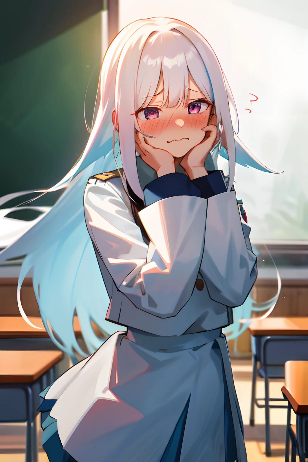 One girl with long hair, white hair, looking away, embarrassed, blushing, mouth small open, classroom, white shirt, mini skirt, uniform, hands on own face, ear blush, covering face