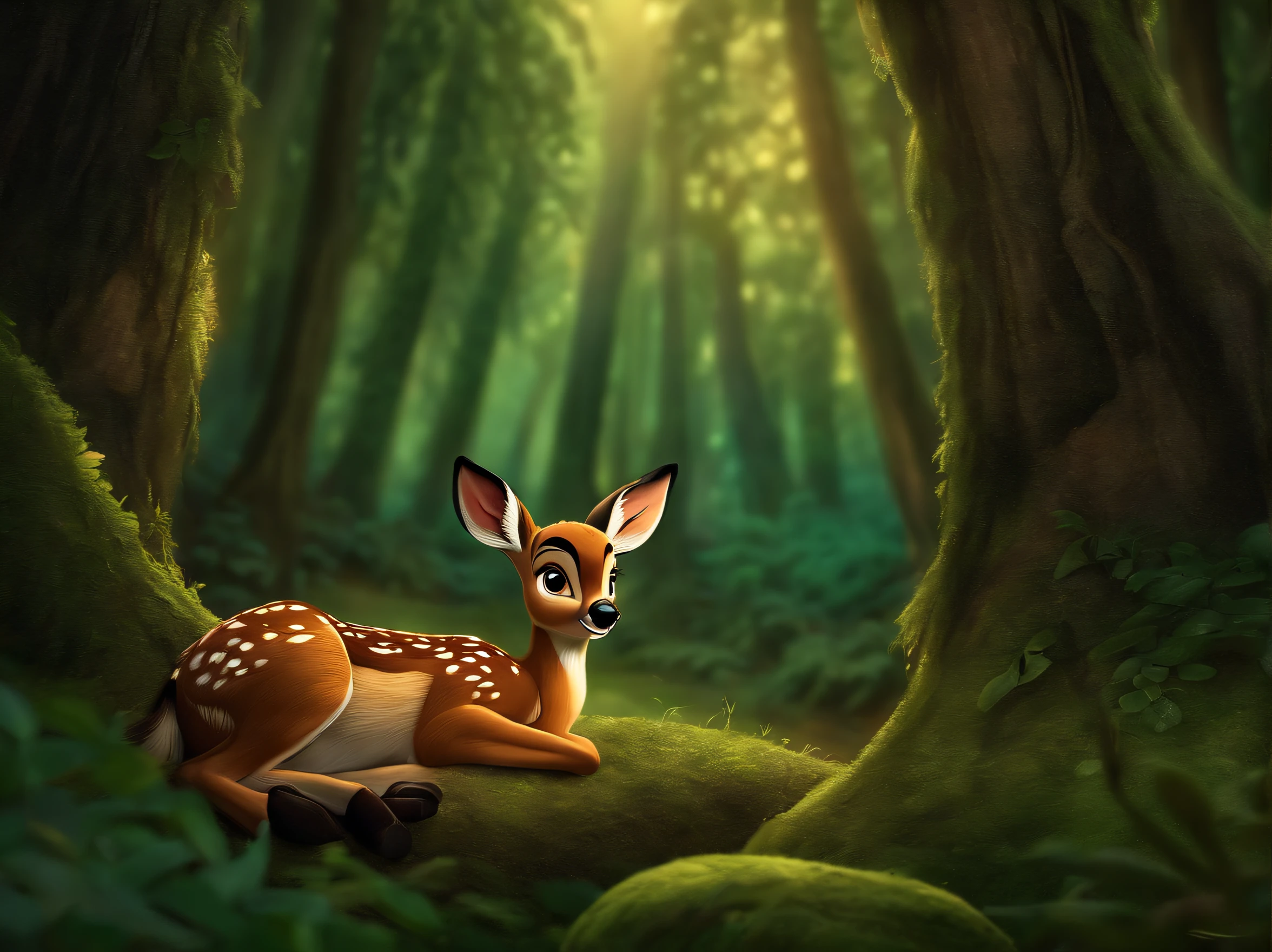 crie uma imagem do "Bambi" adormecido ,deitado, dormindo, floresta, clima classico da disney