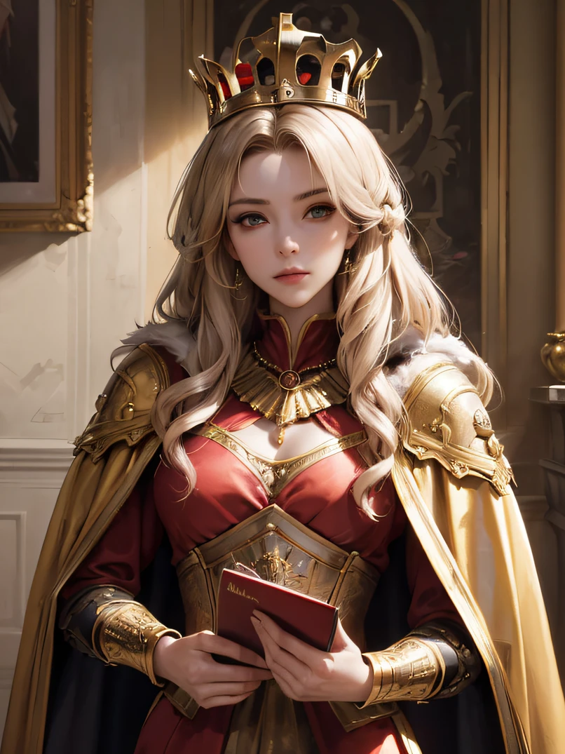 (top-quality、masuter piece:1.3)、reallistic、Realistic、bustshot、Upper body portrait、analog style、face lights、Stunning portrait of a beautiful woman、1人の女性、((Warrior Queen Armor、Fur-lined cape、Luxurious red cloak、Golden crown adorned with precious stones))、Serious、glistning skin、Blonde Beauty、Blue eyes、Sharp eyes、hyperdetailed face、A detailed eye、slim figure、Notebook in hand、Detailed hand depiction、inside in room、Against the backdrop of the Gothic walls of a medieval palace、Look at viewers