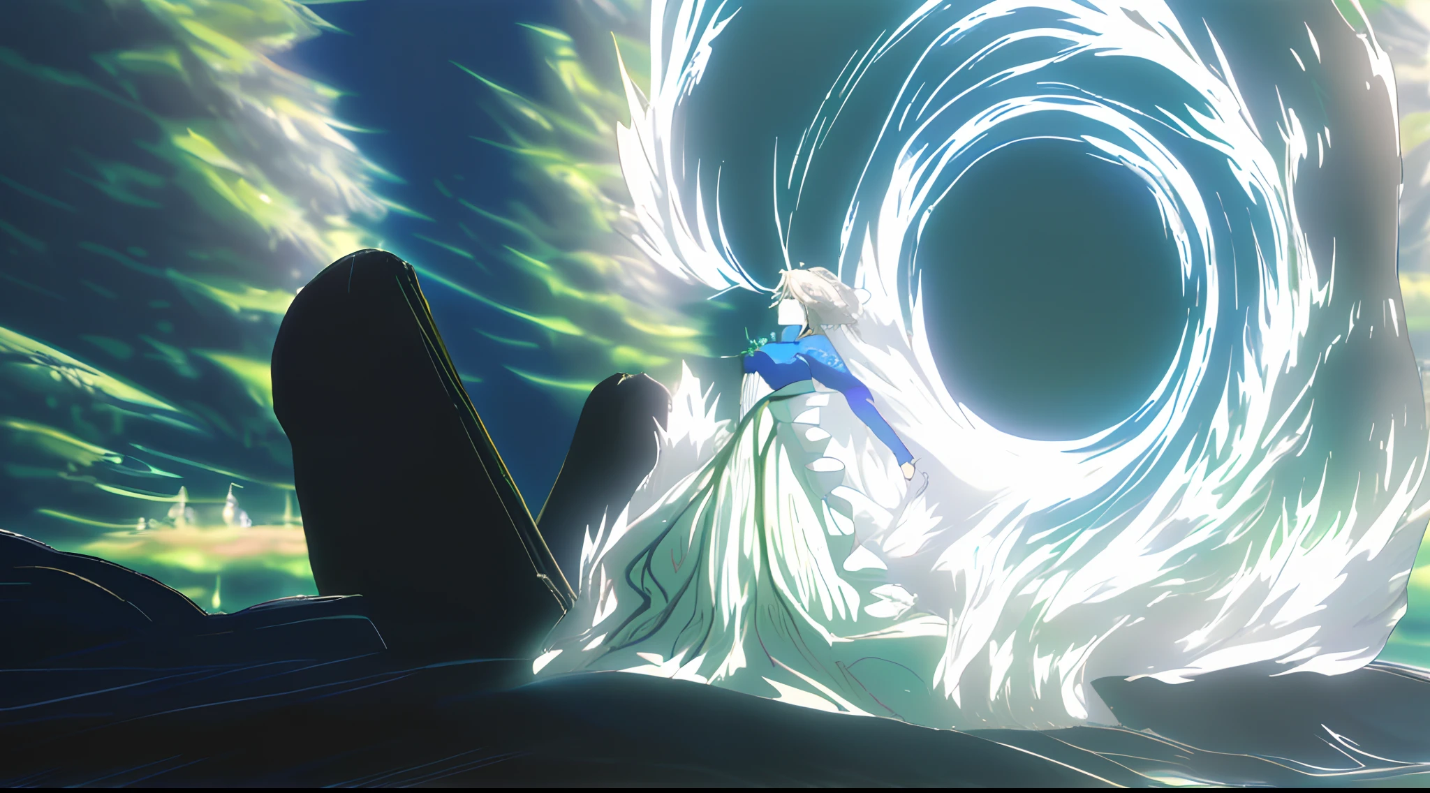 (with Kyoto animation studio art style) A captivating woman stands gracefully amidst a vast expanse of lush green field, adorned in a predominantly blue gown with delicate white accents. Her long, flowing hair, as white as snow, dances elegantly in the gentle breeze that surrounds her. Her eyes are filled with curiosity as she gazes upon a portal gate that has materialized before her. The bright blue sky creates a perfect backdrop for this enchanting moment.
