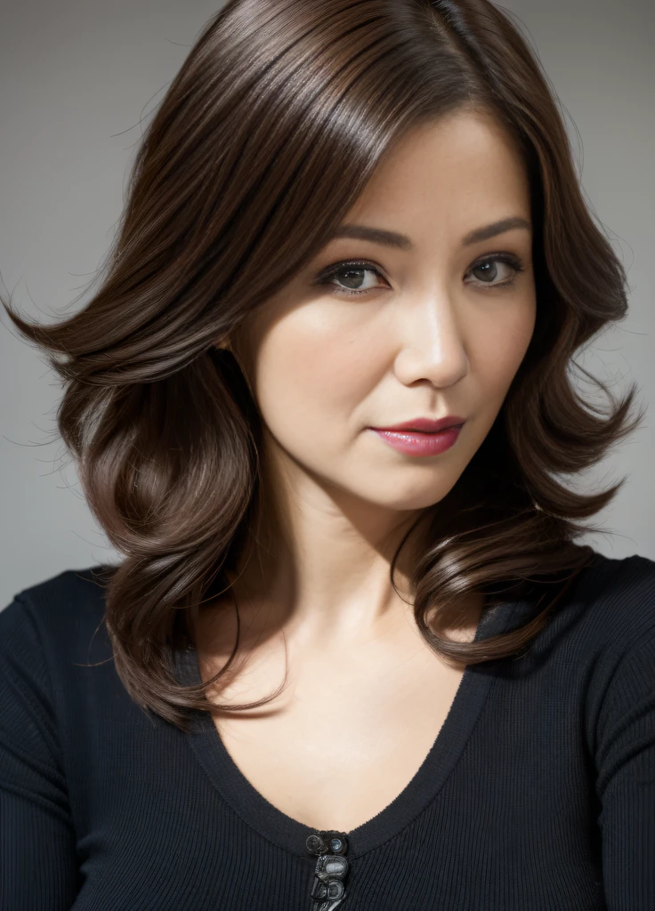 masterpiece,best quality, (one milf), ((portrait:1.5)), ((look down, looking at the viewer)), makeup, elegant black shirt, brown wavy hair, ((seduction expression, open mouth:0.5)),