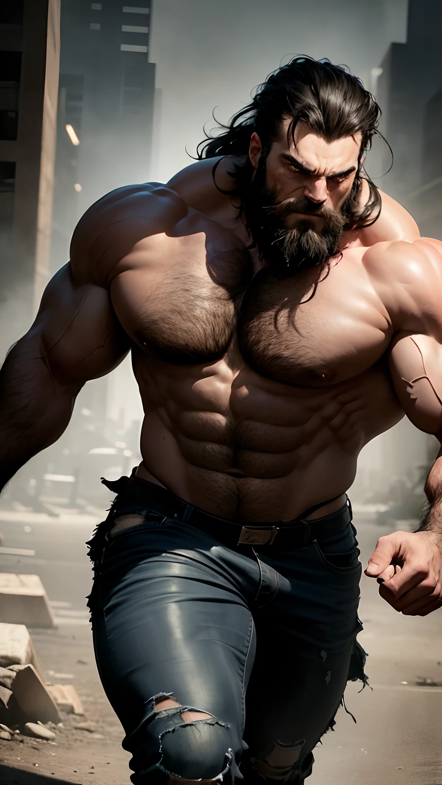 (huge muscular man:1.1, large:1.1) with (enormous chest:1.1), (even bigger:1.1), (black hair:1.1) and (beard:1.1), (ripping his shirt:1.1), (flexing his muscles:1.1), (imposing:1.1), with an (evil gaze:1.1), (smiling:1.1),(dark and gritty style:1.1), in a (gritty urban setting), with (harsh lighting) and (heavy shadows). The (best quality:1.2), (highres), (ultra-detailed), (realistic:1.37) image showcases the (power and strength) of the (muscular giant) as he confidently displays his (impressive physique) and (dominant presence). The (black hair) and (beard) add to his rugged and (masculine appeal), while his intense (evil gaze) sends chills down your spine. He stands in a (dynamic pose), flexing his (bulging muscles), with his shirt torn apart to reveal his (powerful chest). The (dark and gritty style) enhances the atmosphere, intensifying the sense of (power and danger). The (harsh lighting) casts dramatic shadows, further accentuating his muscular form. Get ready to witness the raw power and dominance of this (huge muscular man).