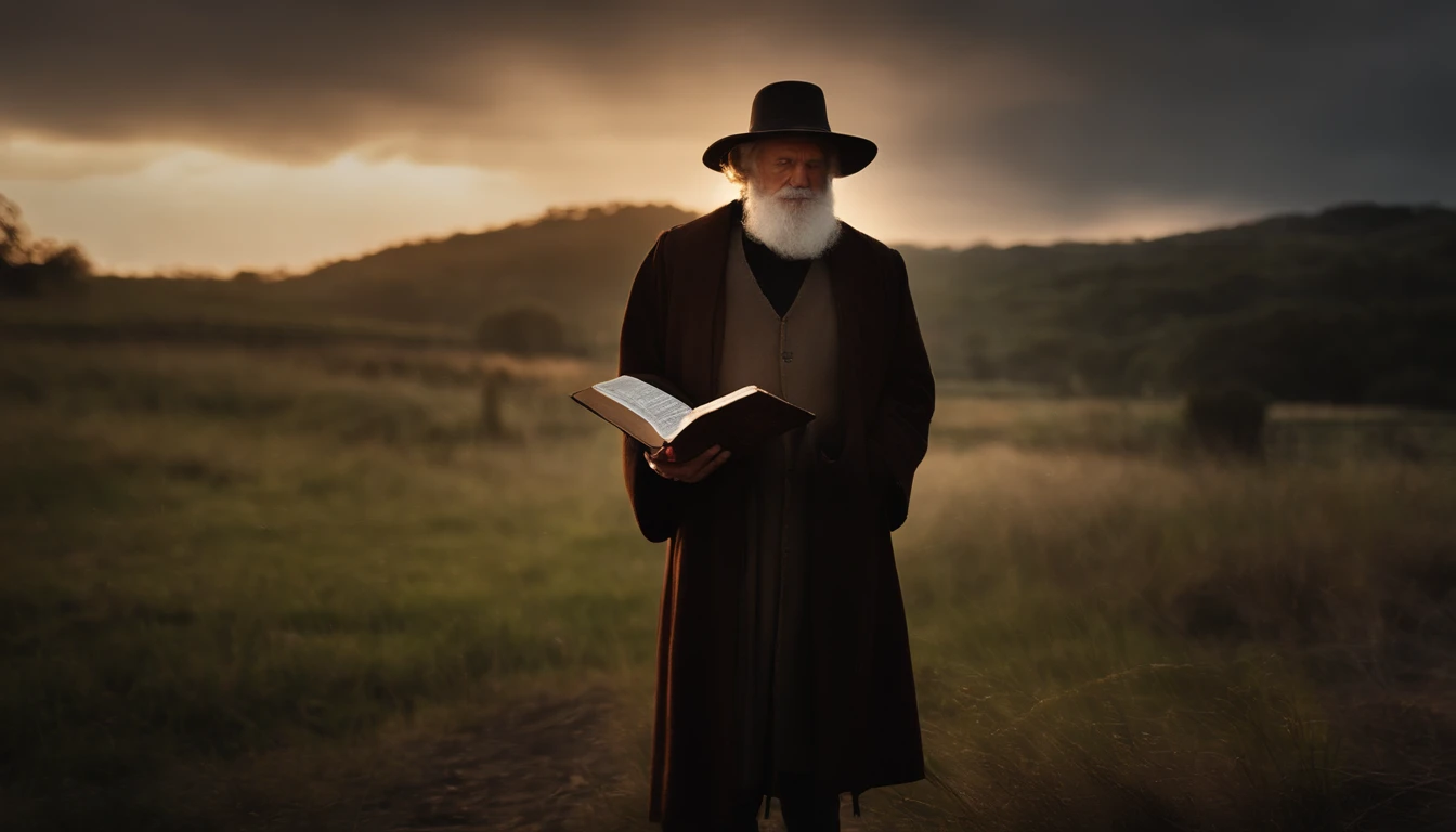 (Biblical times) ao (Left side of the image is an old man holding a luminous book in his hands) ao (Right side of the image there is a scary demon) (Biblical times) profundidade de campo, Bokeh, realismo, fotorrealista, hiper-realismo, fotografia profissional, 8k UHD , DSLR, HDR , piece of master, melhor qualidade, filme granulado, pintura fotorrealista, Fujifilm XT3