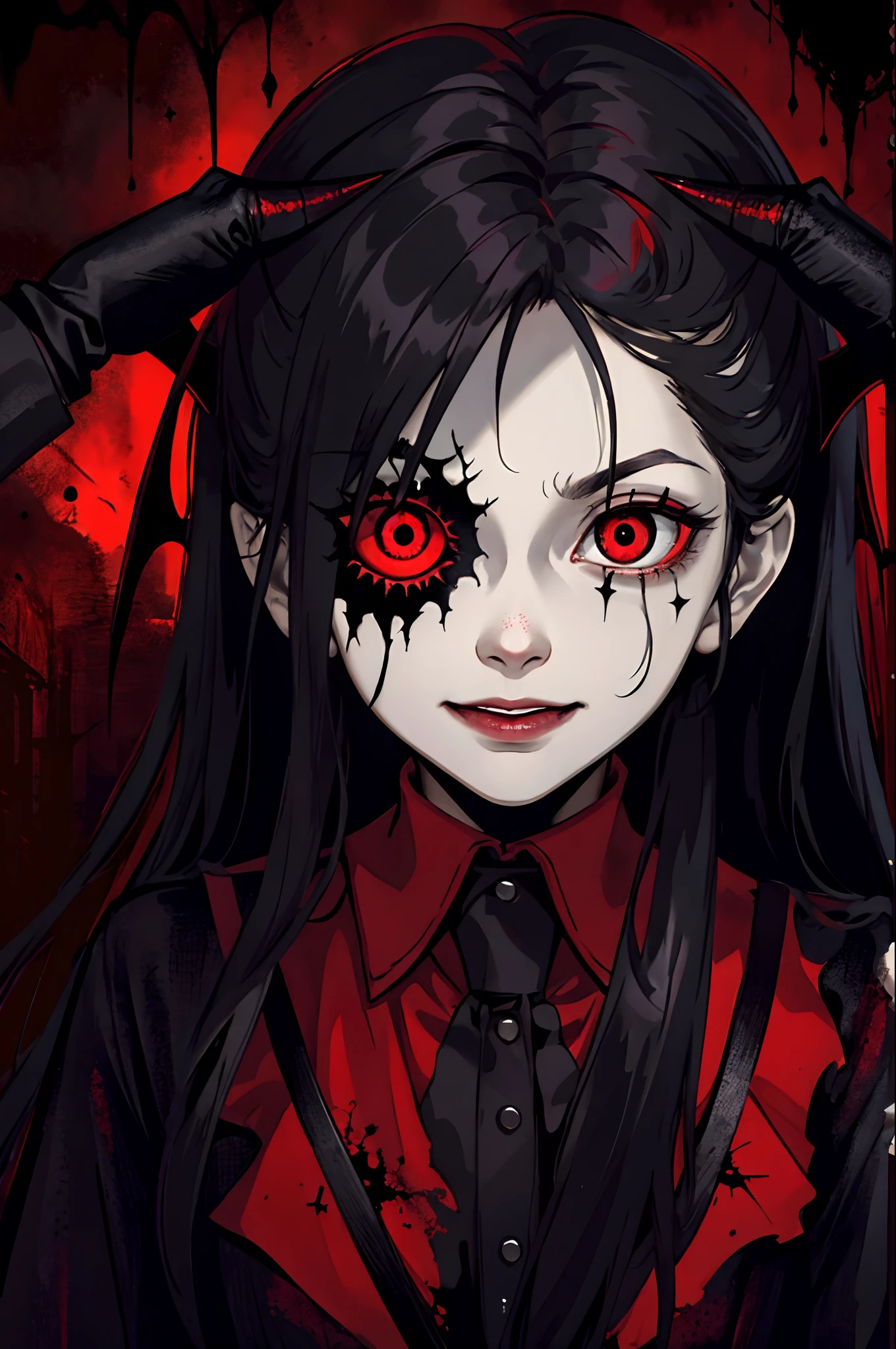 A close up view of sinister and glowing demonic eyes, dark chilling horror film elements, perfect masterpiece, high quality, high resolution