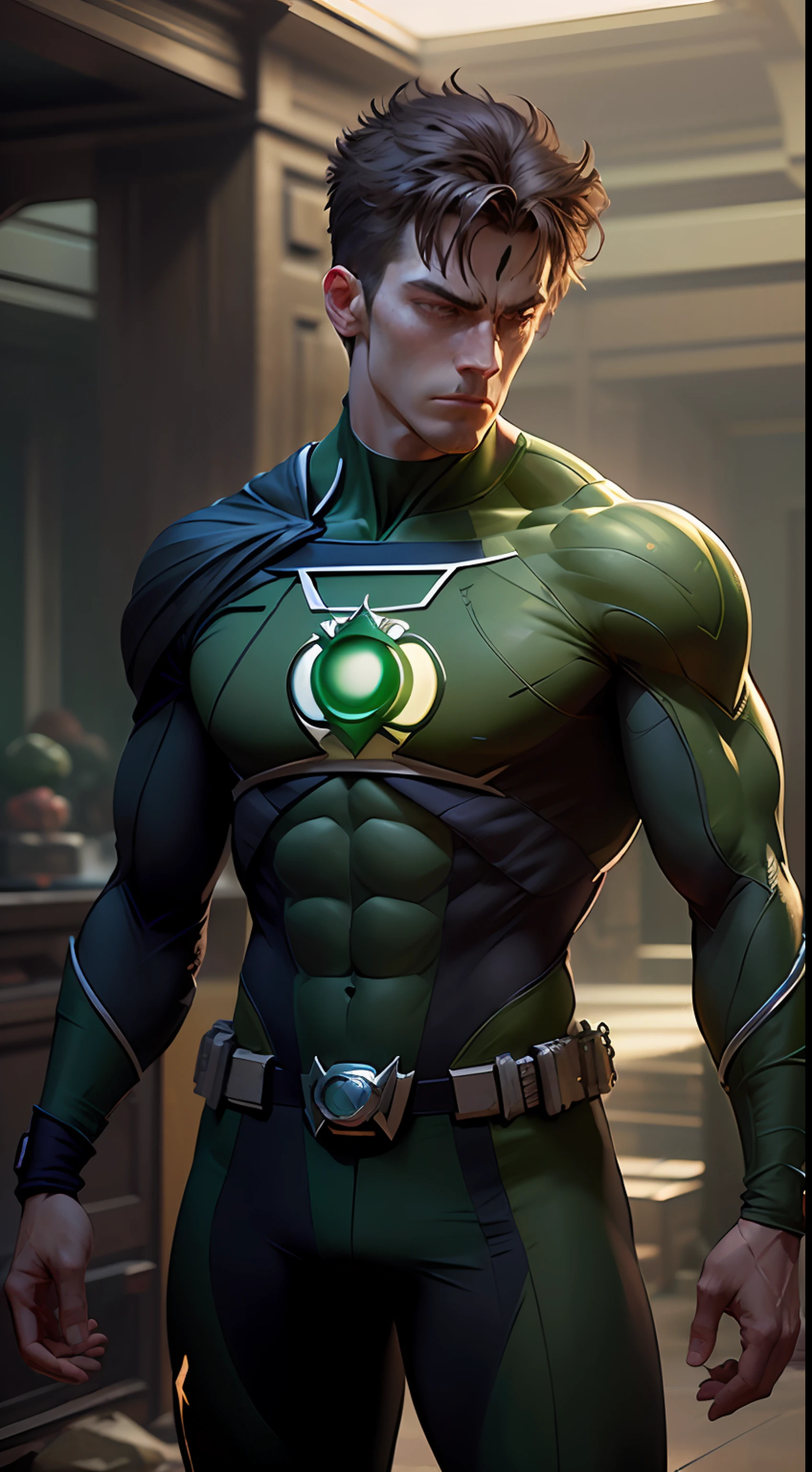 An epic masterpiece of the Green Lantern Corps, rendered in ultra-detailed CG and best quality imagery. Featuring the iconic emerald light, beautiful luminosity, and dynamic pose of the Green Lantern, set against a dark and intense background. The scene captures the heroic essence of the Green Lantern, as he stands resolute against the dangers of the universe. --auto