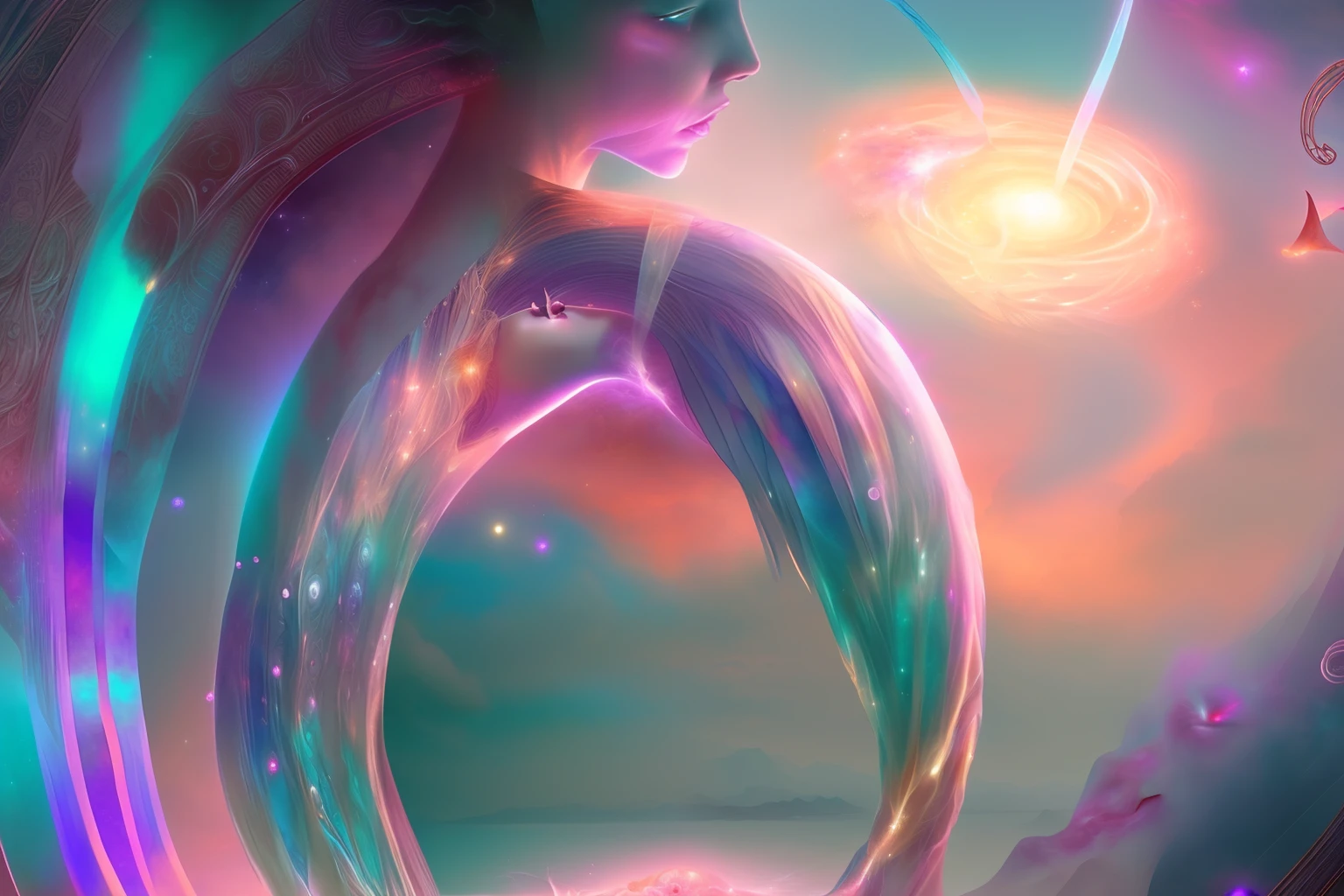 Diving Into The Ether Flowing with The Eternal Soul Through Vibration of love, everything is connected, Flowing energy, Spiritual, divine, dreamlike, cosmic, concept art, mind blowing, feminine beauty, god, pineal gland, dreamlikeart