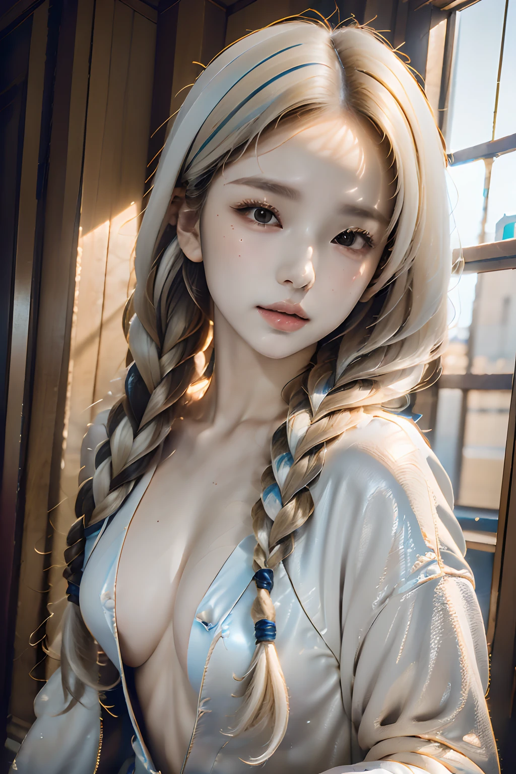 (((top-quality、masuter piece、of the highest quality, 8K, masutepiece:1.3)),Full Body Angle, 1 girl, (small tits:1.3), Realistic, High resolution, ((Highly detailed face and skin texture)), ((Lifelike face,lipgloss,Lustrous lips)), Perfect body proportions, ((Smooth skin, flawless skin, Whitening skin, Shiny skin)), ((Ultra-detailed face)),, Eye of Detail, Professional Lighting, Cinematic lighting, ((Main color white and colorful hair)), Braid hair, ((Very long hair)),Cyberpunk style, Leather clothing, Accessories, Jewelry, The background doesn't end there、8ｋ)))、独奏、Kawaii Girl