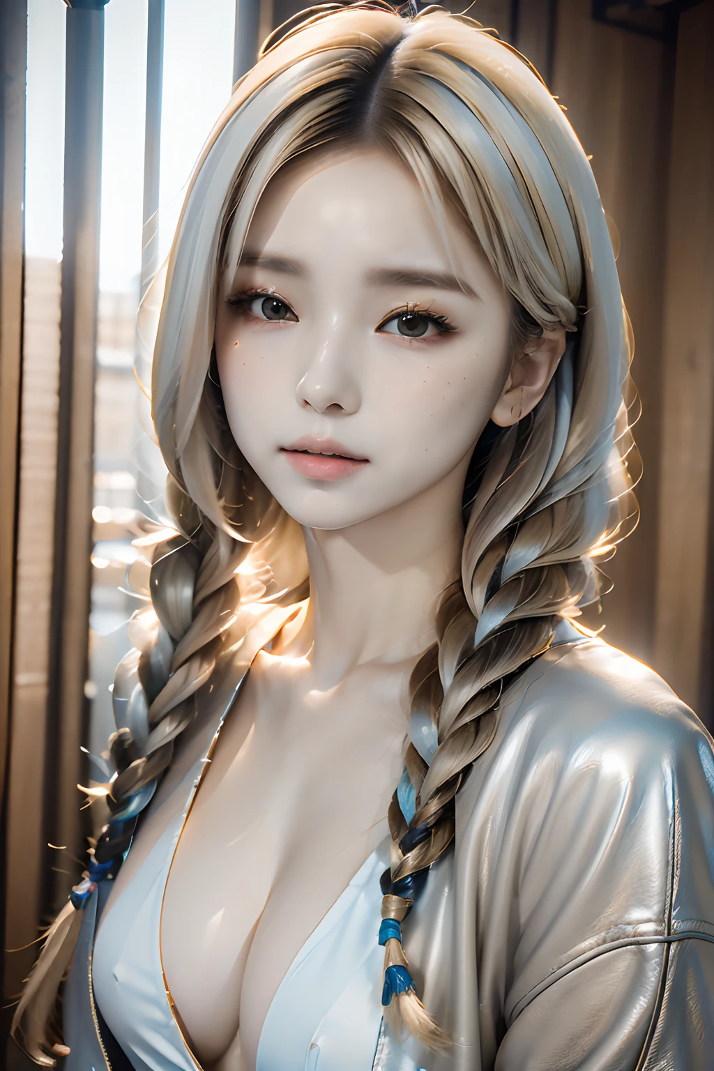 (((top-quality、masuter piece、of the highest quality, 8K, masutepiece:1.3)),Full Body Angle, 1 girl, (small tits:1.3), Realistic, High resolution, ((Highly detailed face and skin texture)), ((Lifelike face,lipgloss,Lustrous lips)), Perfect body proportions, ((Smooth skin, flawless skin, Whitening skin, Shiny skin)), ((Ultra-detailed face)),, Eye of Detail, Professional Lighting, Cinematic lighting, ((Main color white and colorful hair)), Braid hair, ((Very long hair)),Cyberpunk style, Leather clothing, Accessories, Jewelry, The background doesn't end there、8k)))、独奏、Kawaii Girl
