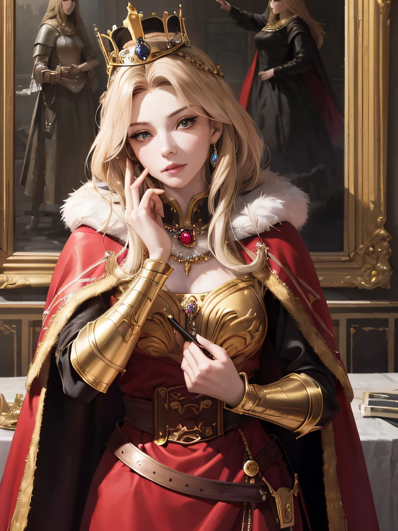 (top-quality、masuter piece:1.3)、reallistic、Realistic、bustshot、Upper body portrait、analog style、face lights、Stunning portrait of a beautiful woman、1人の女性、((Warrior Queen Armor、Fur-lined cape、Luxurious red cloak、Golden crown adorned with precious stones))、Serious、glistning skin、Blonde Beauty、Blue eyes、Sharp eyes、hyperdetailed face、A detailed eye、slim figure、Notebook in hand、Detailed hand depiction、inside in room、Against the backdrop of the Gothic walls of a medieval palace、Look at viewers