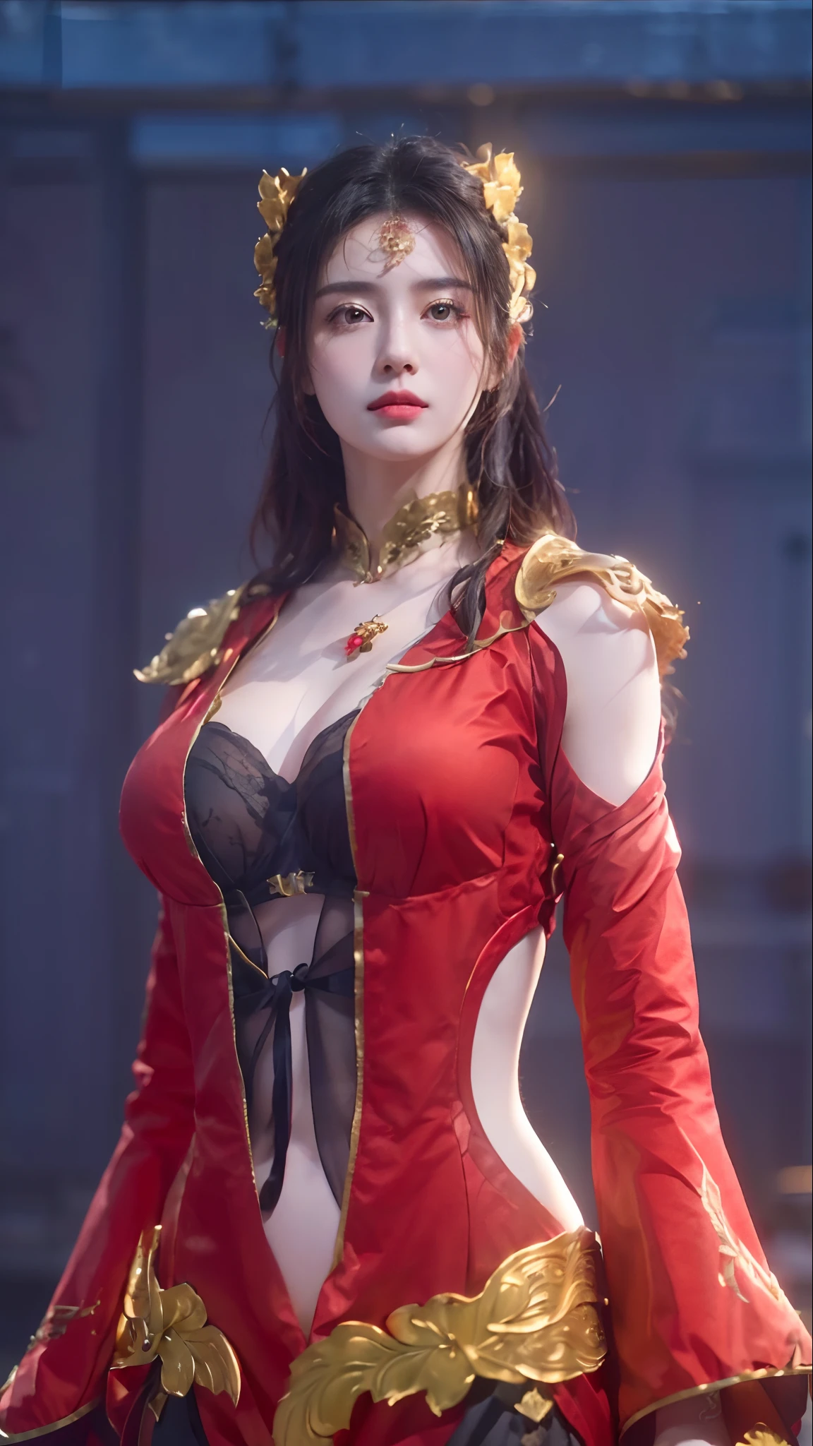 (Masterpiece, the best quality), 1 woman, solo, (((ultra realistic, ultra detailed, 8K, Hdr))), black hair, red clothes, gold accessories, breast cleavage, navel, Cai Lin character,