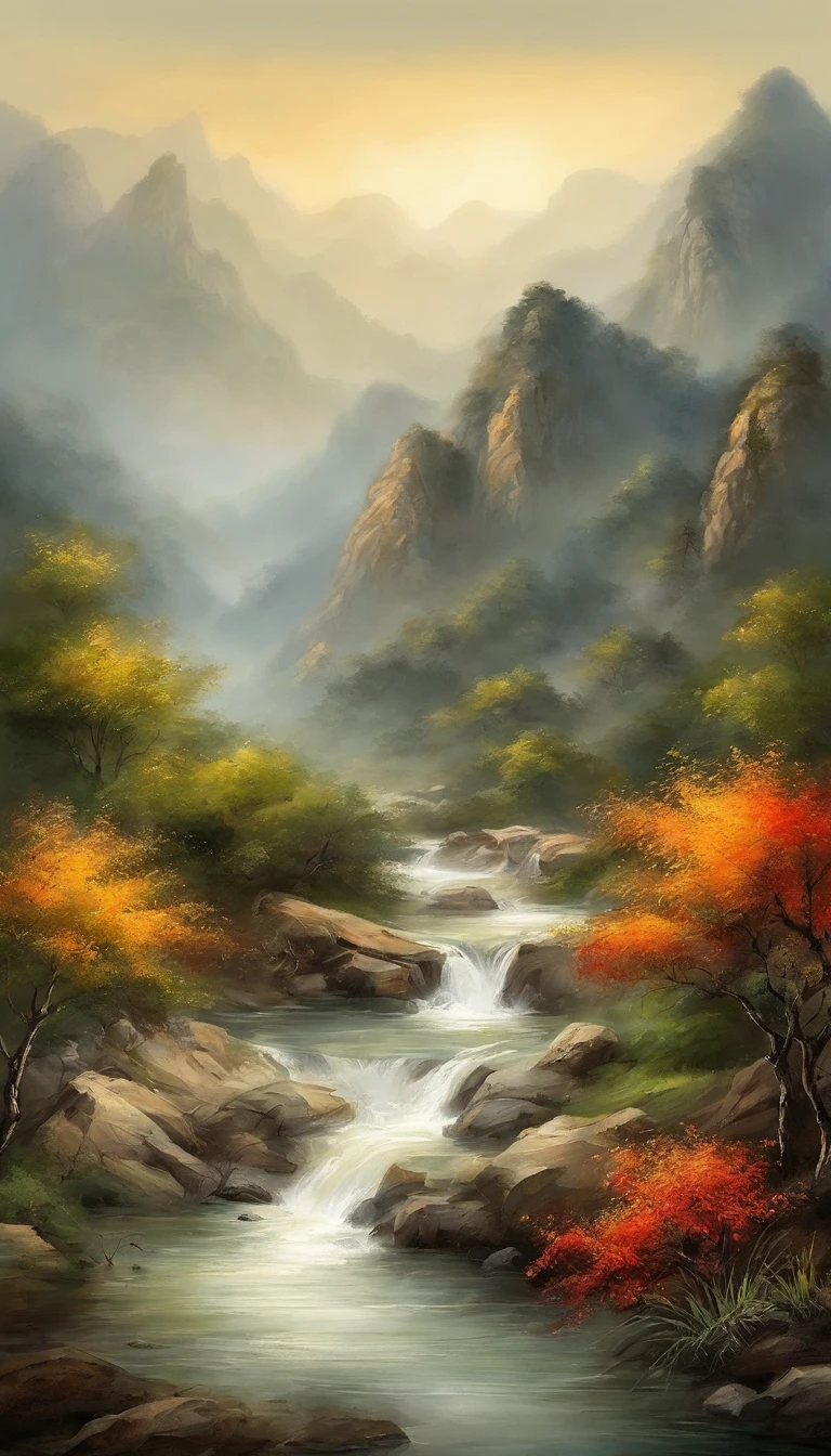Chinese landscape painting,ink and watercolor painting,water ink,ink,Smudge,Faraway view,Ultra-wide viewing angle,Meticulous,River side,Small Stone Bridge,grassy fields,The tree,The vista is a mountain,(8k wallpaper),(light and shadow effect),rendering by octane,White balance design,Extremely detailed picture depiction,wide angles,depth of fields,tmasterpiece,realisticlying,Beautifully depicted,A detailed,acurate,Works of masters,tmasterpiece