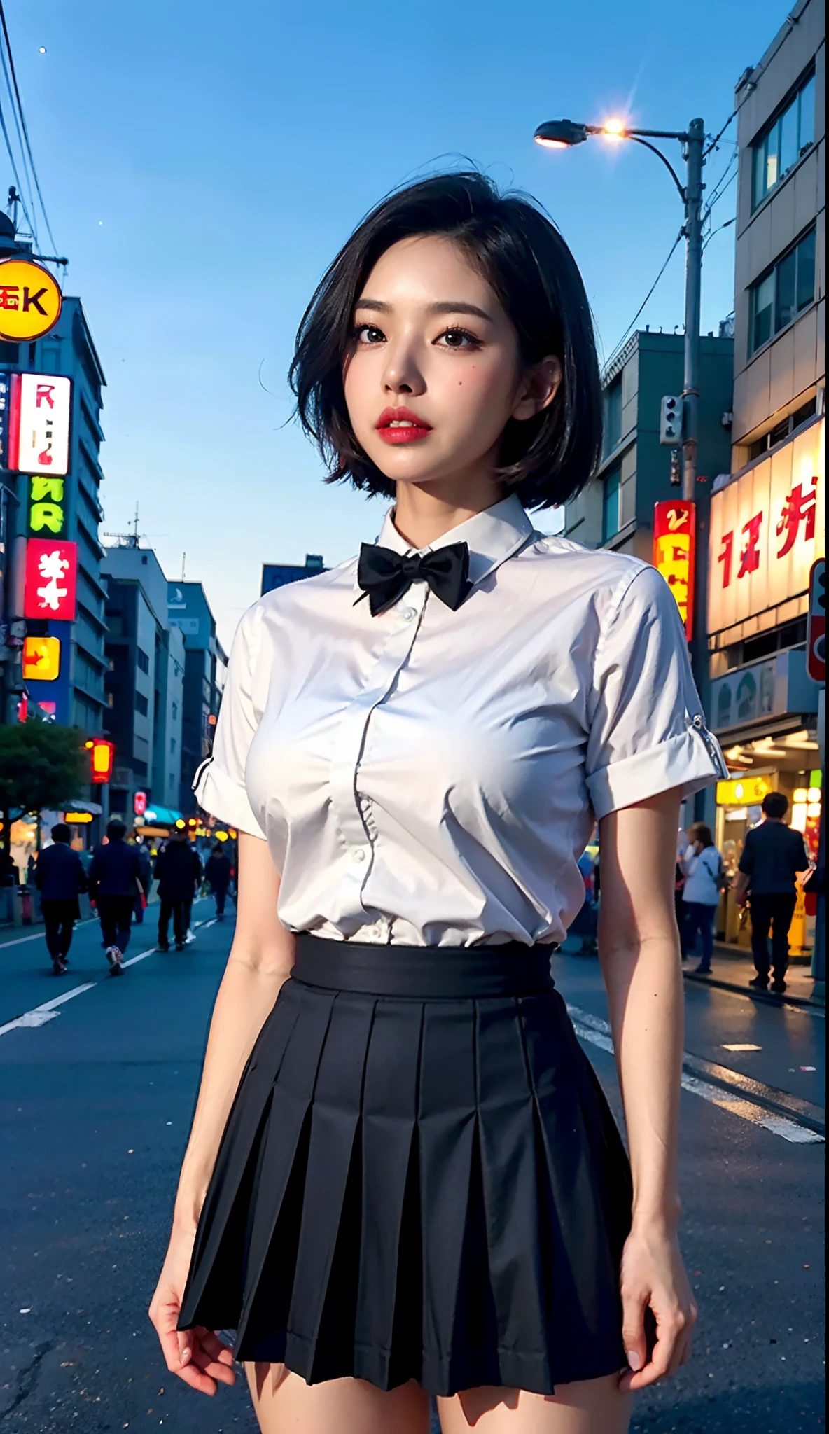(8k, RAW photo, best quality, masterpiece:1.2), (realistic, photo-realistic:1.37), ultra-detailed,
1 girl,cute, solo,beautiful detailed sky,detailed tokyo street,night,
medium breasts,beautiful detailed eyes,(collared shirt:1.1), bowtie,pleated skirt,(short hair:1.2),floating hair