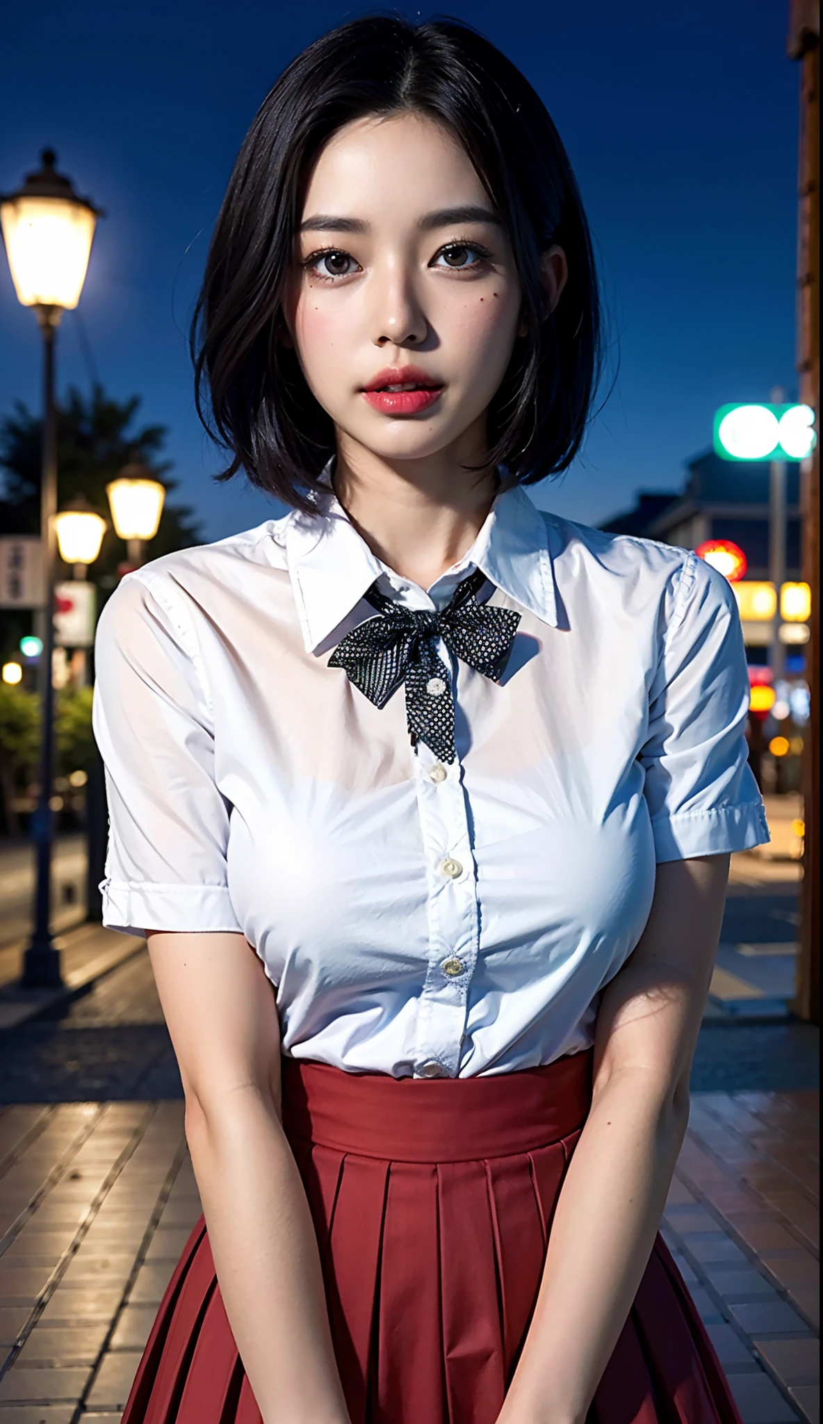 (8k, RAW photo, best quality, masterpiece:1.2), (realistic, photo-realistic:1.37), ultra-detailed,
1 girl,cute, solo,beautiful detailed sky,detailed tokyo street,night,
medium breasts,beautiful detailed eyes,(collared shirt:1.1), bowtie,pleated skirt,(short hair:1.2),floating hair