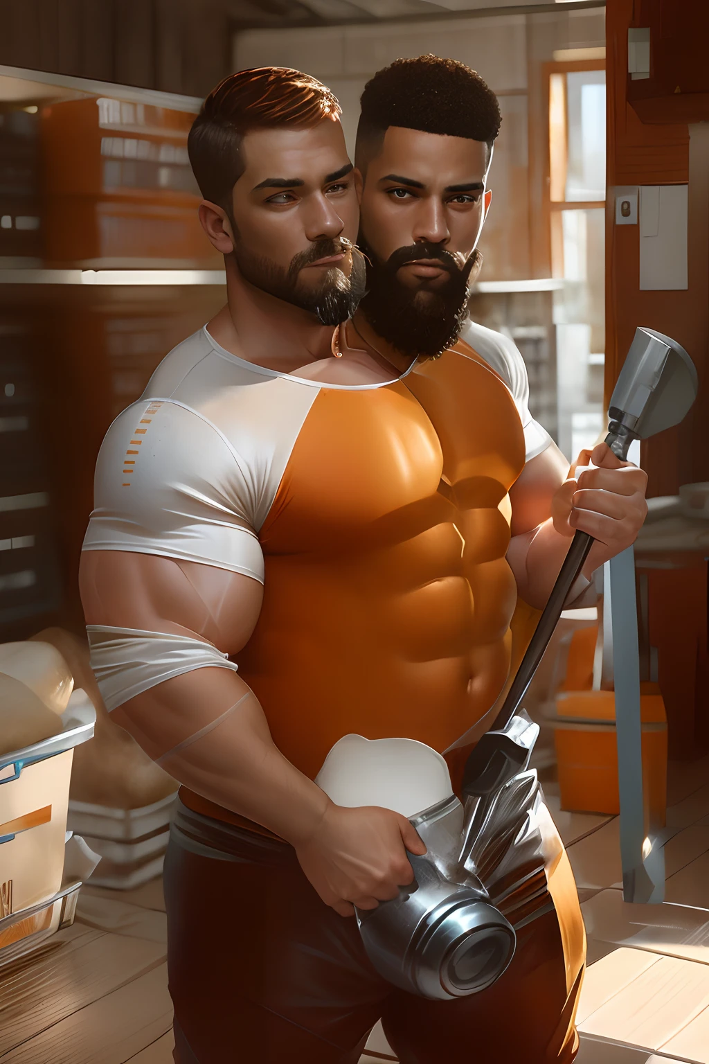 (((2heads))),1man, (black man and white man side by side),dad bod,55 year old man,(big bulge:1.3),fat,beautiful face, thick, buzz cut, (very thick beard:1.3), tattoos,detailed blue eyes, dressed as an employee at home depot, tight brown uniform with tight orange apron,  unathletic,big butt, very wide shoulders, wet, drenched:1.3, massive big bulge in crotch, dripping gooey white slime on skin,oiled skin, wet skin,auburn hair s, black hair,brown hair,unathletic, background is an aisle at home depot hardware store, serious,full body, realistic, detailed,oiled skin, glistening skin, gooey translucent white slime on face , gooey translucent white slime on chest, gooey translucent white slime on clothes, holding a hammer