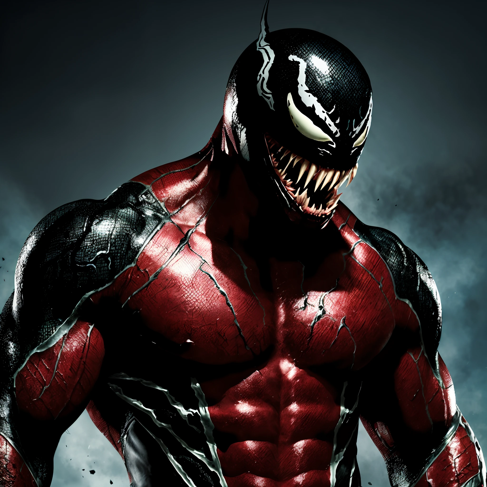 Photo of Venom from the Marvel universe angry, super muscular body, horror, detailed, ((creepy red veins all over his body))