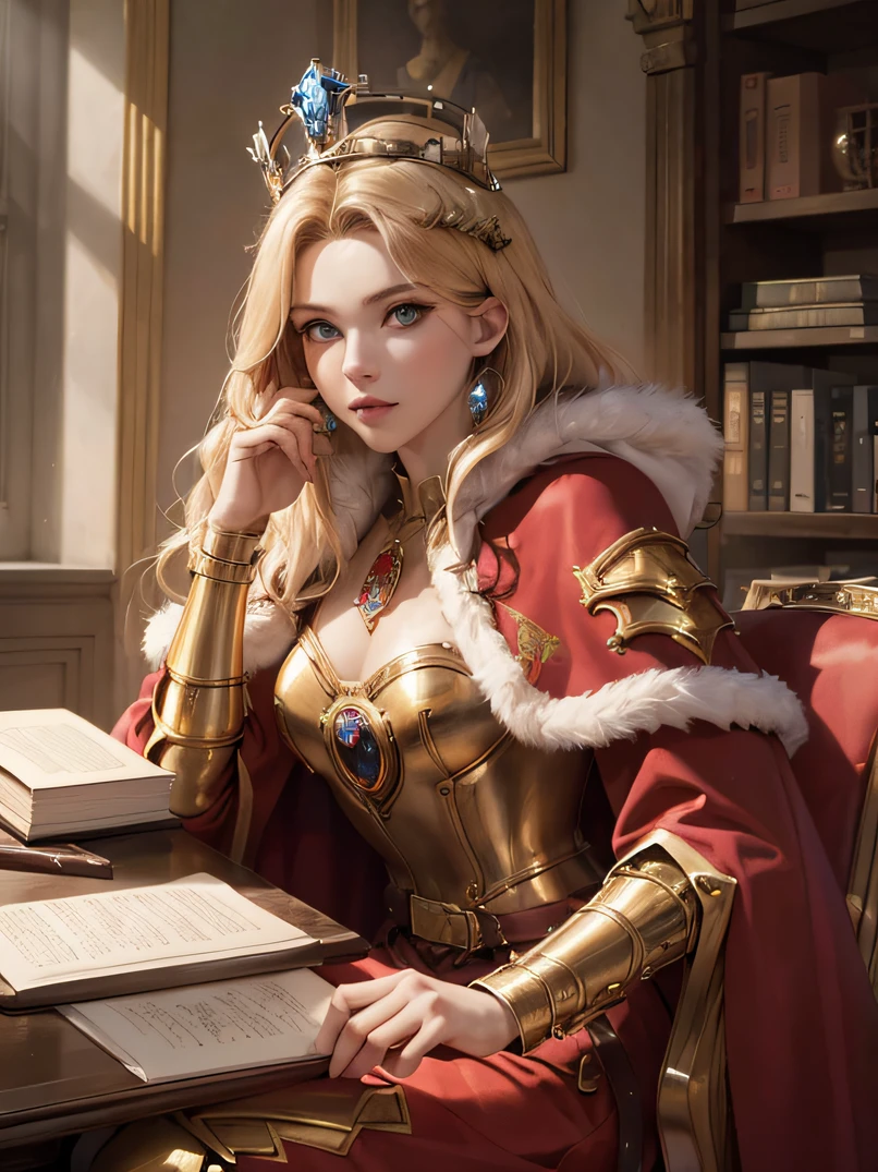 (top-quality、masuter piece:1.3)、reallistic、Realistic、cowboy  shot、analog style、face lights、Stunning portrait of a beautiful woman、1人の女性、((Warrior Queen Armor、Fur-lined cape、Luxurious red cloak、Golden crown adorned with precious stones))、Serious、glistning skin、Blonde Beauty、Blue eyes、Sharp eyes、hyperdetailed face、A detailed eye、slim figure、desk work、Lots of books、Write in a note、Detailed hand depiction、Soft stool、Gothic study of a medieval palace、Look at viewers