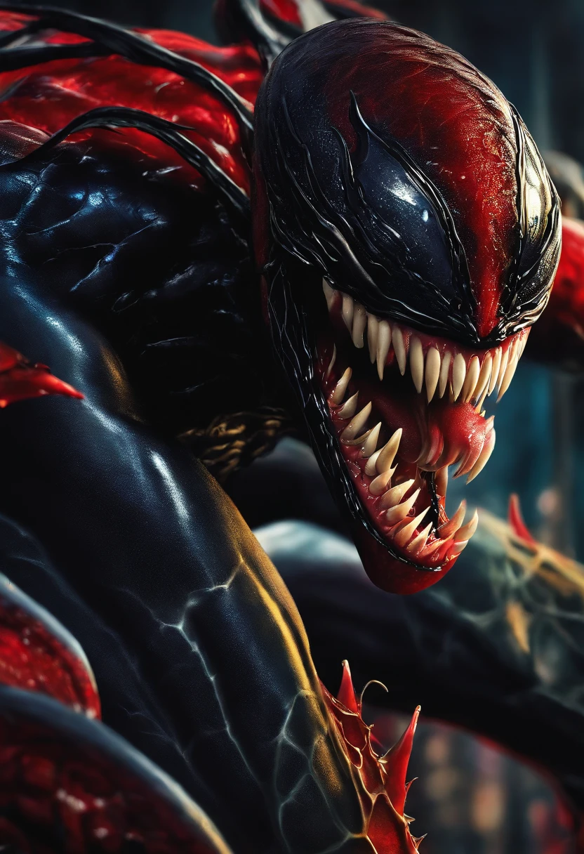 Carnage (Marvel), standard body, rough black skin, sharp teeth, evil smile, long tongue, beautiful, cool, intricate details, sci-fi, 8K.