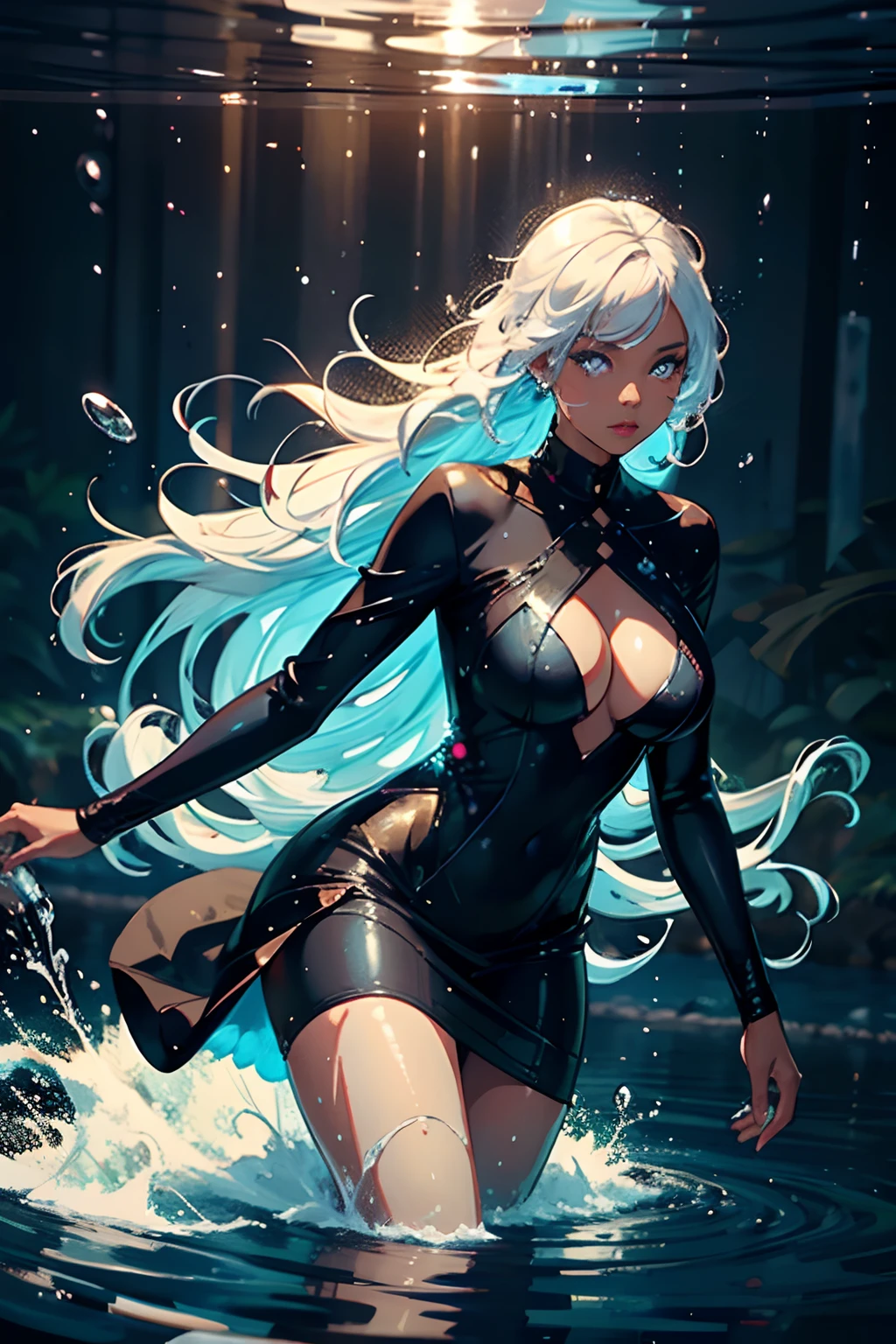 25 year old black woman,water control,detailed eyes and lips,beautiful face,whitish blue hair,dark blue dress like outfit,fluid movement,beautiful skin tone,wet hair,shimmering droplets,flowing dress,reflection in water,sparkling sunlight,best quality,ultra-detailed,realistic:1.37,portraits,vivid colors,warm color tones,soft lighting, not in the water