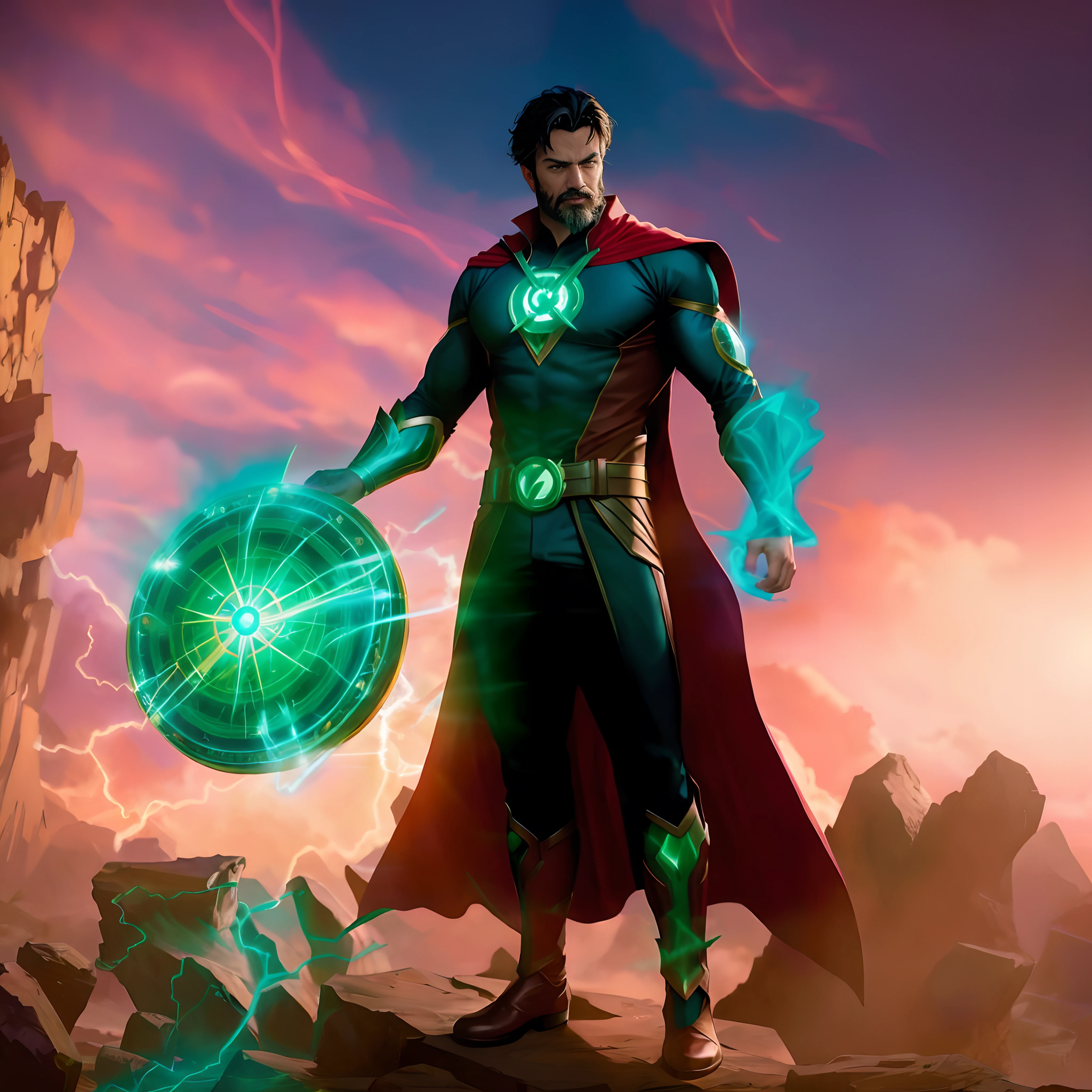 mystical magical vivid background.action-packed scene of a superhero that has the (((powerful glowing ring))) of Green Lantern and the magic of furious Doctor Strange ((wearing beard)) red cape. The superhero should be in a mystical pose, conjuring up a powerful spell with their ring and casting it at an enemy. photorealistic high detail fine line art anime, octane render unreal engine 5 cinematic, art by james lee, jon mccoy and mappa studios