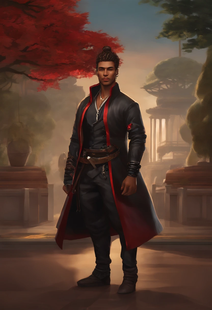 light brown man, 25 years old, 1.80 tall, thin but defined. Curly hair with a gradient on the sides and a samurai bun, brown eyes, with a happy expression. very detailed, real, wearing black cyberpunk style pants and a black jacket with red details and chains, full body, token for tabletop RPG