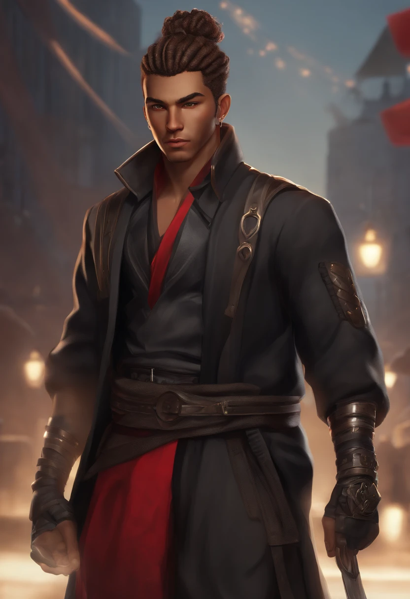 light brown man, 25 years old, 1.80 tall, thin but defined. Curly hair with a gradient on the sides and a samurai bun, brown eyes, with a happy expression. very detailed, real, wearing black cyberpunk style pants and a black jacket with red details and chains, full body, token for tabletop RPG