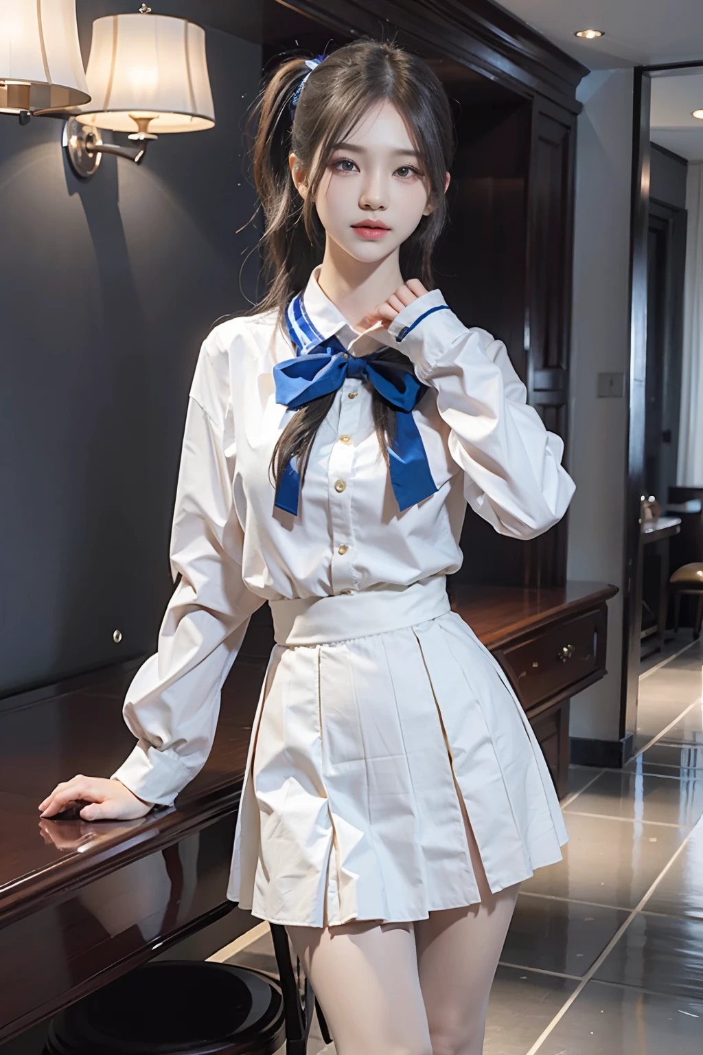 Ultra-realistic 8K CG,s the perfect face,flawless perfection,Ren,tmasterpiece,professionalartwork,famousartwork,s the perfect face,beauitful face,beautidful eyes,(double ponytail),((Perfect female body)),独奏,(immersiveatmosphere,lightand shade contrast:1.5,Bright light:1.2,lumnious),,(Blushlush:0.5),Enchanting expression,Ultimate detail_The eye,thick thight,huge tit,Exquisite background,depth of fields,photorealestic:1.3,Faraway view,1girll,The shirt,pleatedskirt,school uniform,standing on your feet,full bodyesbian,(ambient lights:1.3),(cinematic compositions:1.3),(neonlight:0.1),(hdr:0.1),emphasis lighting,White panty hose,