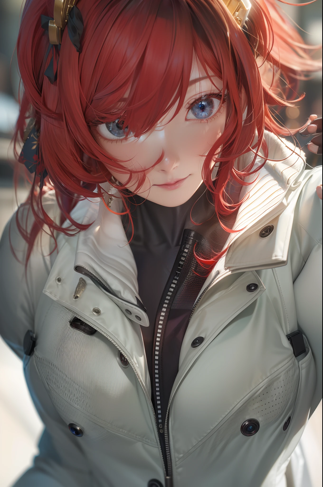 (Detailed Lights, Detailed Shadows), 1Woman, Red Hair, White Coat, ((Detailed Eyes)), Close-up, Portrait, (Black Eyes), Extremely Detailed Clothes, ((Modern Clothes)), Beautiful Hair, Muscular, Hair Down, Extremely Detailed Background, Beautiful Background