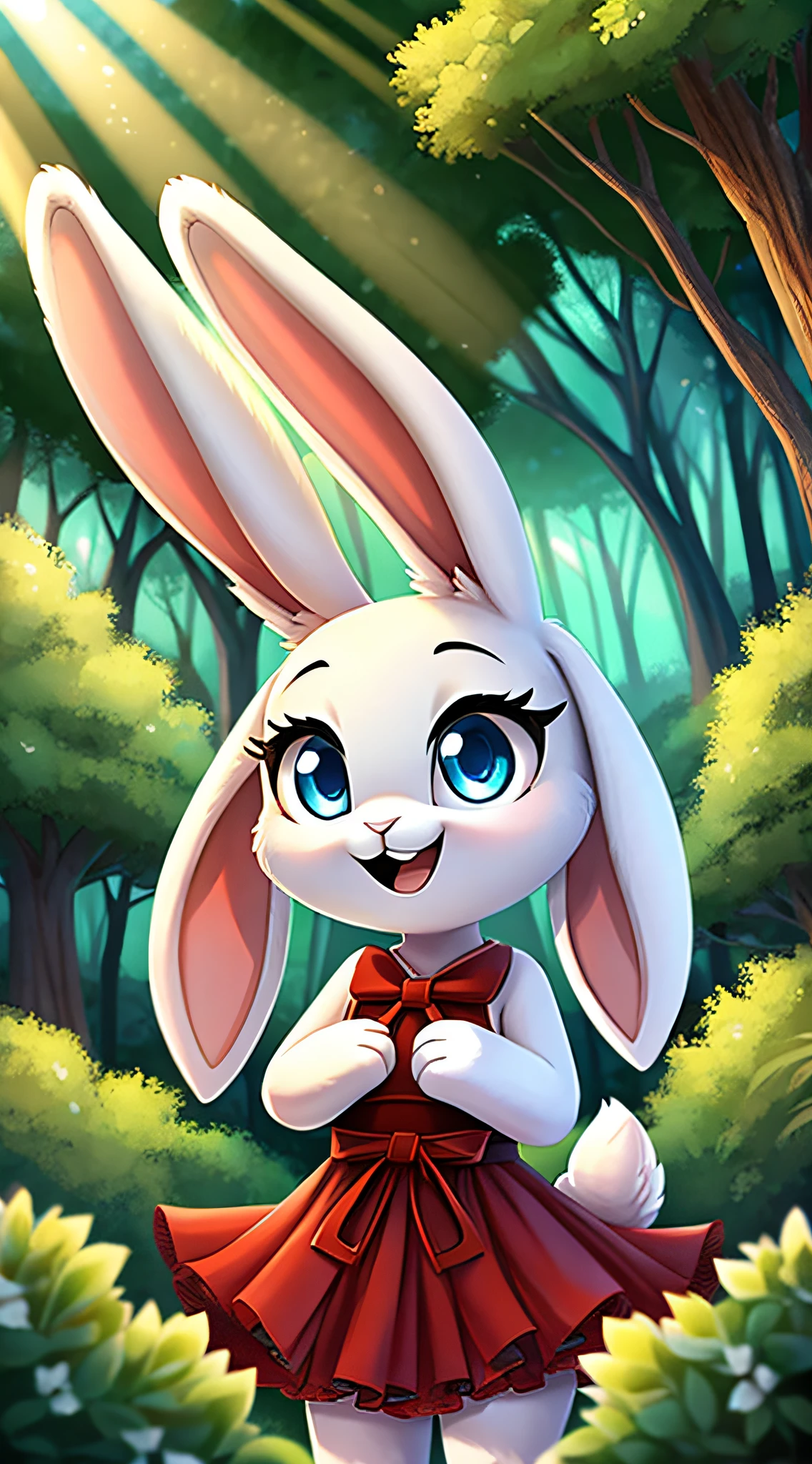 zoomed out image, fantasy style art, cute, adorable, short character, small, tiny little fluffy female white bunny with blue eyes, 4 ears, 2 extra ears, big floppy ears, long ears, ears perked up, raised ears, long eyelashes, poofy rabbit tail, wearing a red frilly ribbon dress, smiling, standing in a forest, big expressive smile, open mouth, wide eyes, excited eyes, excited face, stunning visuals, sunlight coming through the trees, white flowers scattered in the bushes, digital illustration