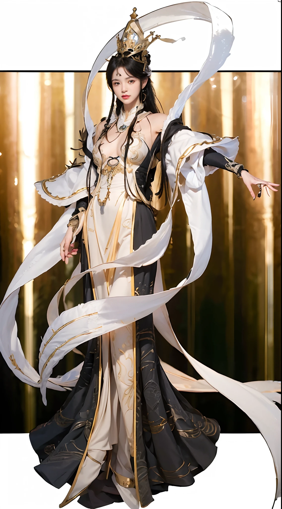 (((Masterpiece, the best quality))), 1 woman, solo, (((ultra realistic, ultra detailed, 8K, Hdr))), black hair, floating shawl, breast opening, crown, Yu Mingkon character, detailed clothes, detailed accessories, ((((detailed face)))), ((((detailed fingers)))).