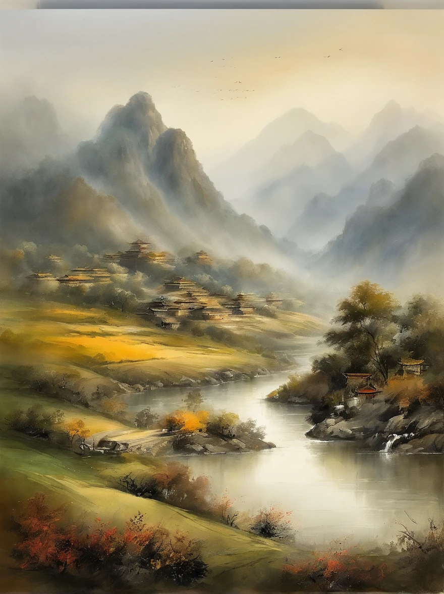 Chinese landscape painting，ink and watercolor painting，water ink，ink，Smudge，Faraway view，Ultra-wide viewing angle，Meticulous，River side，Small Stone Bridge，grassy fields，The tree，The vista is a mountain，（8k wallpaper），（light and shadow effect），rendering by octane，White balance design，Extremely detailed picture depiction，wide angles，depth of fields，tmasterpiece，realisticlying，Beautifully depicted，A detailed，acurate，Works of masters，tmasterpiece
