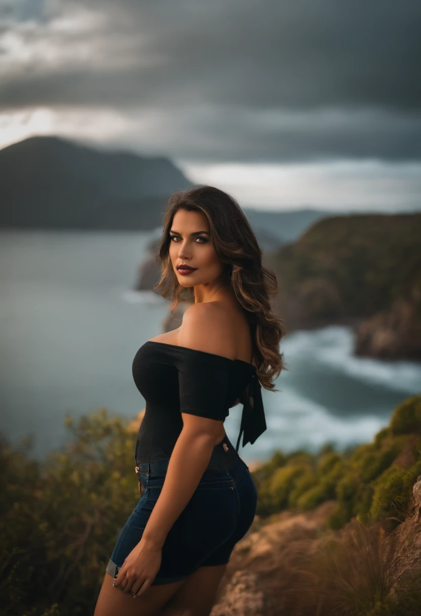 Mulher loira, middle boobs, posando para foto nua