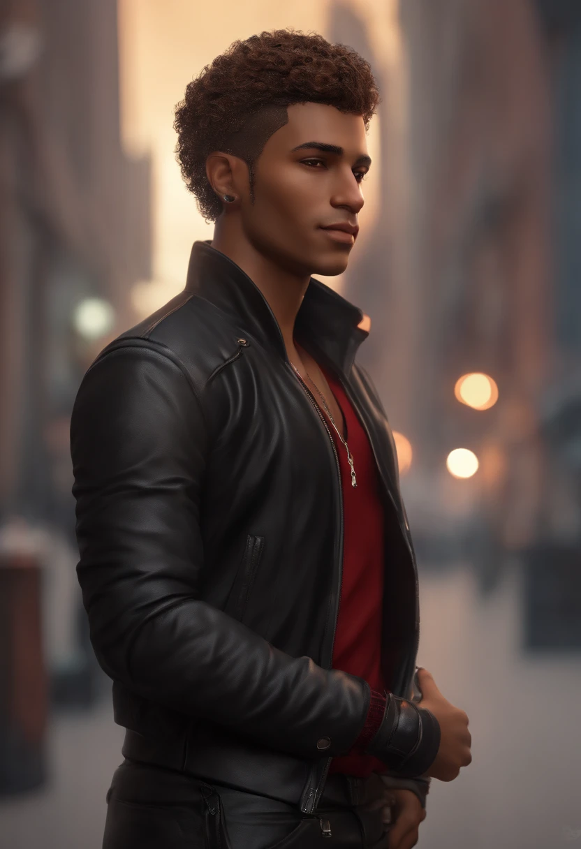 light brown man, 25 years old, 1.80 tall, thin but defined. Curly hair with a gradient on the sides and a bun, brown eyes, with a happy expression. very detailed, real, wearing black cyberpunk style pants and a black jacket with red details and silver chains, full body, token for tabletop RPG