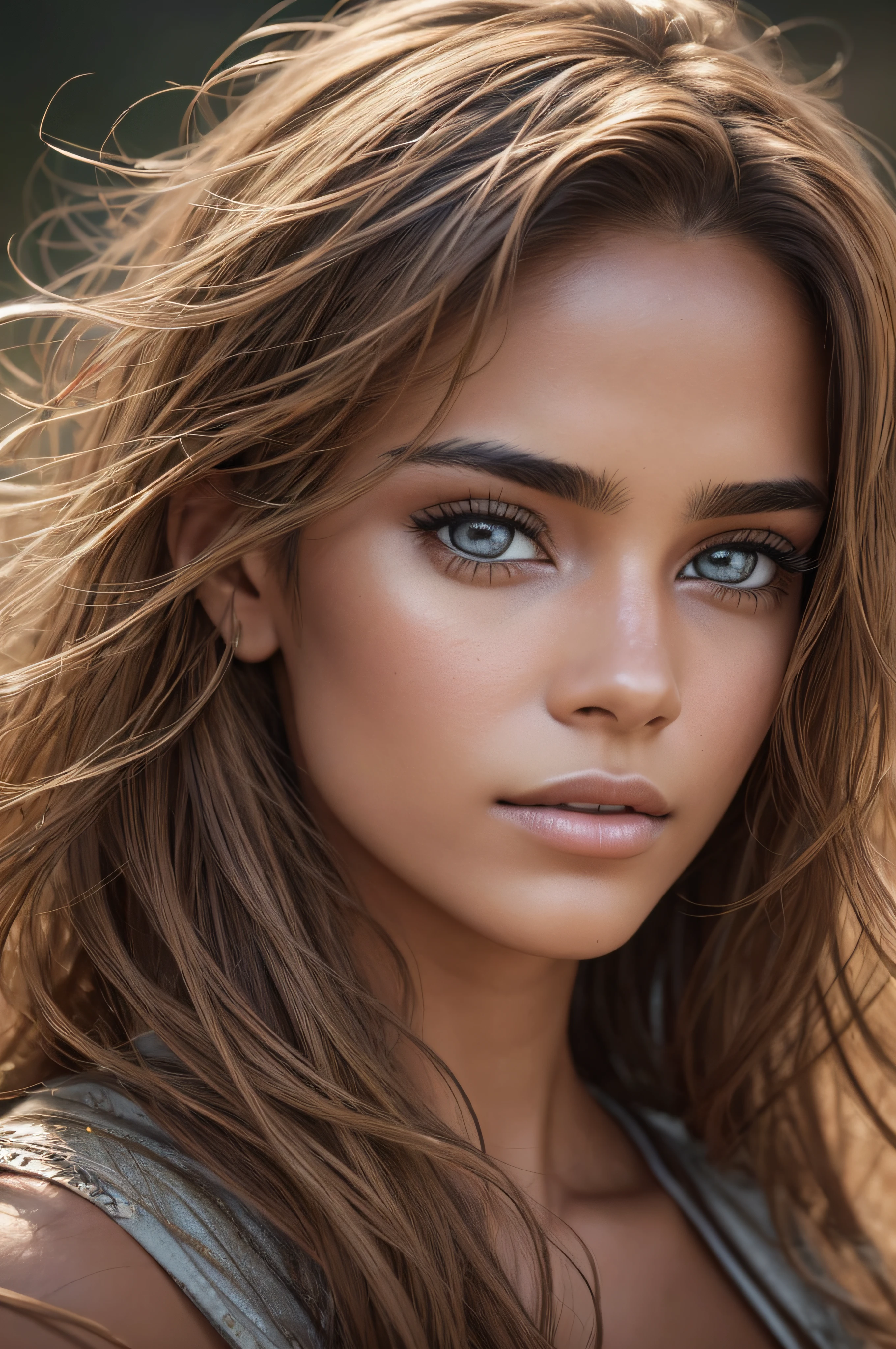 A photorealistic portrait of a stunningly beautiful mid brown female supermodel with light make - up, photo for the cover of a fashion magazine, extremely detailed light honey eyes, detailed symmetric realistic face, extremely detailed natural texture, peach fuzz, windy messy hair, masterpiece, absurdres, award winning photo by lee jeffries, nikon d850 film stock photograph, kodak portra 400 camera f1. 6 lens, extremely detailed, amazing, fine detail, rich colors, hyper realistic lifelike texture, dramatic lighting, unrealengine, trending on artstation, cinestill 800 tungsten, looking at the viewer, photo realistic, RAW photo, TanvirTamim, high quality, highres, sharp focus, extremely detailed, cinematic lighting, 8k uhd, - imagine