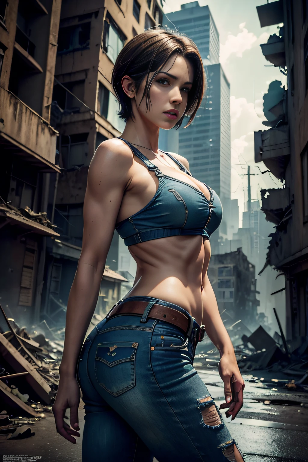 obra prima , cinematografic , HDR , image and volumetric lighting , Fotografando Poses ,Cowboy Tiro por Jill Valentine, short hair, tampo azul, Denim Jeans Pants, Resident Evil, fundo sombrio , misterioso , fundo do apocalipse zumbi , ((Destroyed City Background)) , 8k
