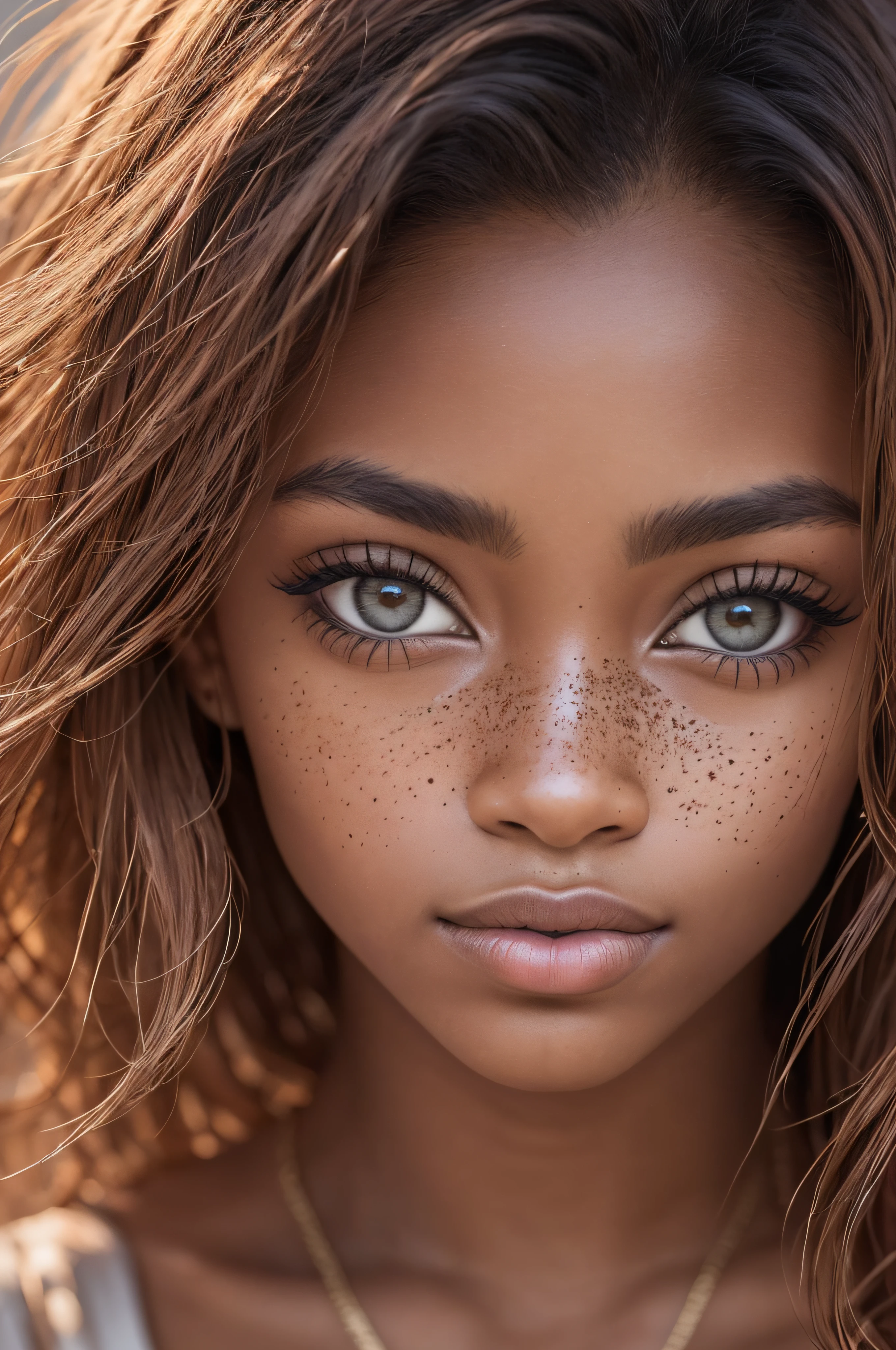 An exquisite portrait of a Black African men with deep ebony skin, the photograph captured in stunning 8k resolution and raw format to preserve the highest quality of details. The woman's beauty is undeniable, her face commanding the frame in a close - up shot that reveals the intricate details of her eyes. She wears a dress that complements her radiant skin, and her eyes are portrayed with meticulous attention to detail, showcasing the captivating depth within. The photograph is taken with a lens that emphasizes the defiance in her gaze, and the backdrop is a dark studio setting that enhances the muted colors of the scene. The lighting and shadows are expertly crafted to bring out the richness of her skin tone and the subtle nuances of her features. Her ginger hair, with its distinct hue, adds a touch of warmth and contrast against her ebony skin. The interior setting adds a sense of intimacy, while the freckles on her skin tell their own story. The overall composition captures her essence with authenticity and grace, creating a portrait that is a celebration of her heritage and beauty. Photography by defiance512, utilizing the best techniques for shadow and lighting, to create a mesmerizing portrayal that transcends the visual.