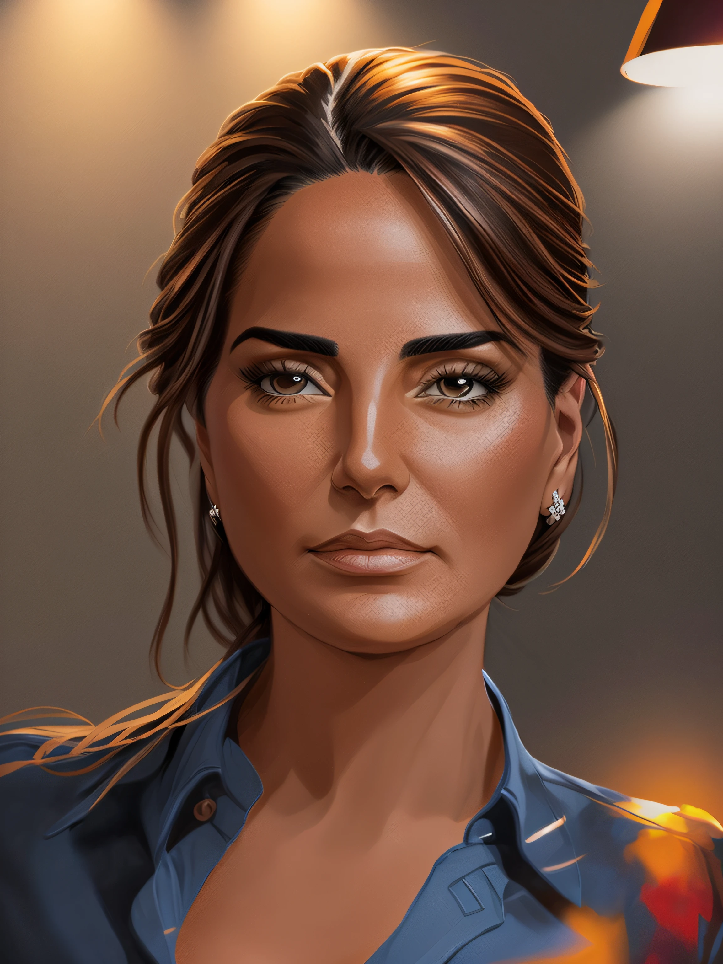 mulher, 30 anos, in a high-end office, Pintura digital, Business style, Inspiration in portraits of leaders, Artista, cores profissionais, detalhes expressivos, office lighting, Introduce a subtle flare lens effect to add a touch of realism and atmosphere to the scene