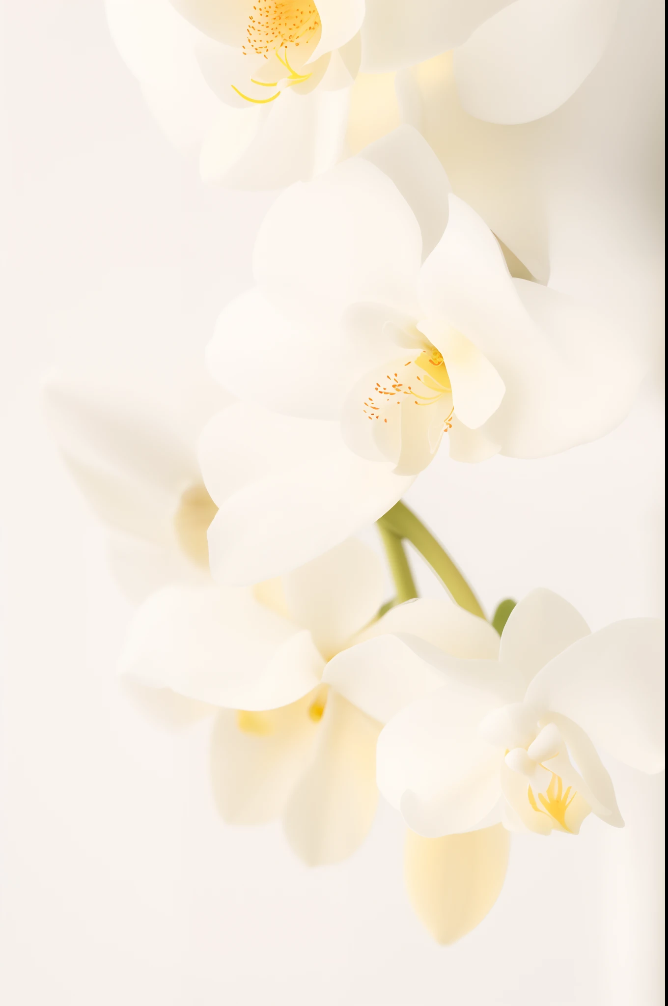 There are white flowers in the vase on the table, white orchid, soft white glow, orchid, White background : 3, an orchid flower, High-profile detailed, gleaming white, white colors, soft colors mono chromatic, Orchid stem, high - key, high key, white backgrounid, delicate soft hazy lighting, high key, an orchid flower,