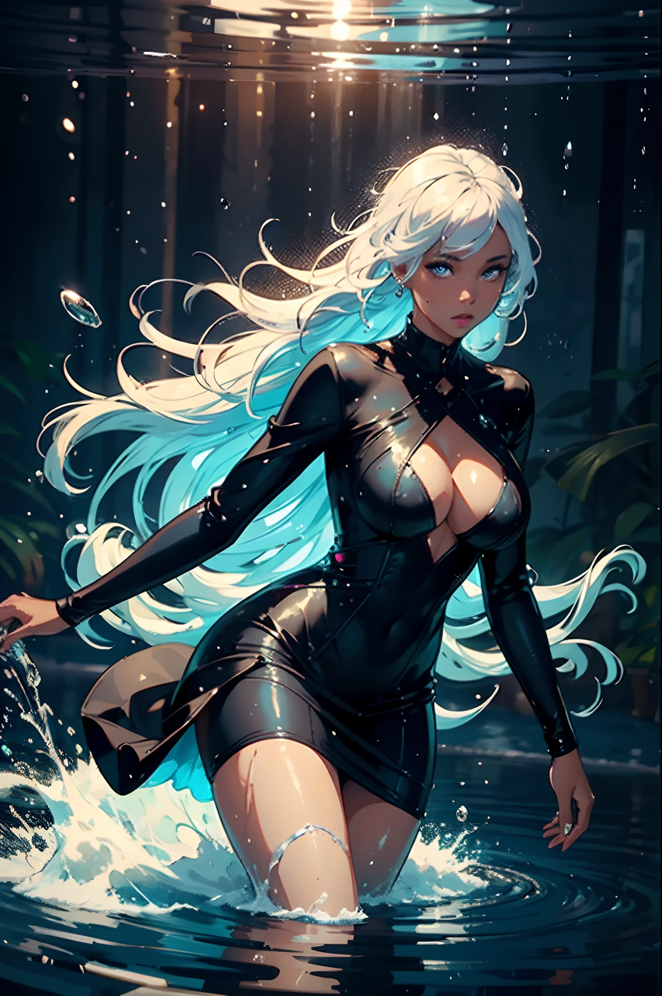 25 year old black woman,water control,detailed eyes and lips,beautiful face,whitish blue hair,dark blue dress like outfit,fluid movement,beautiful skin tone,wet hair,shimmering droplets,flowing dress,reflection in water,sparkling sunlight,best quality,ultra-detailed,realistic:1.37,portraits,vivid colors,warm color tones,soft lighting, not in the water