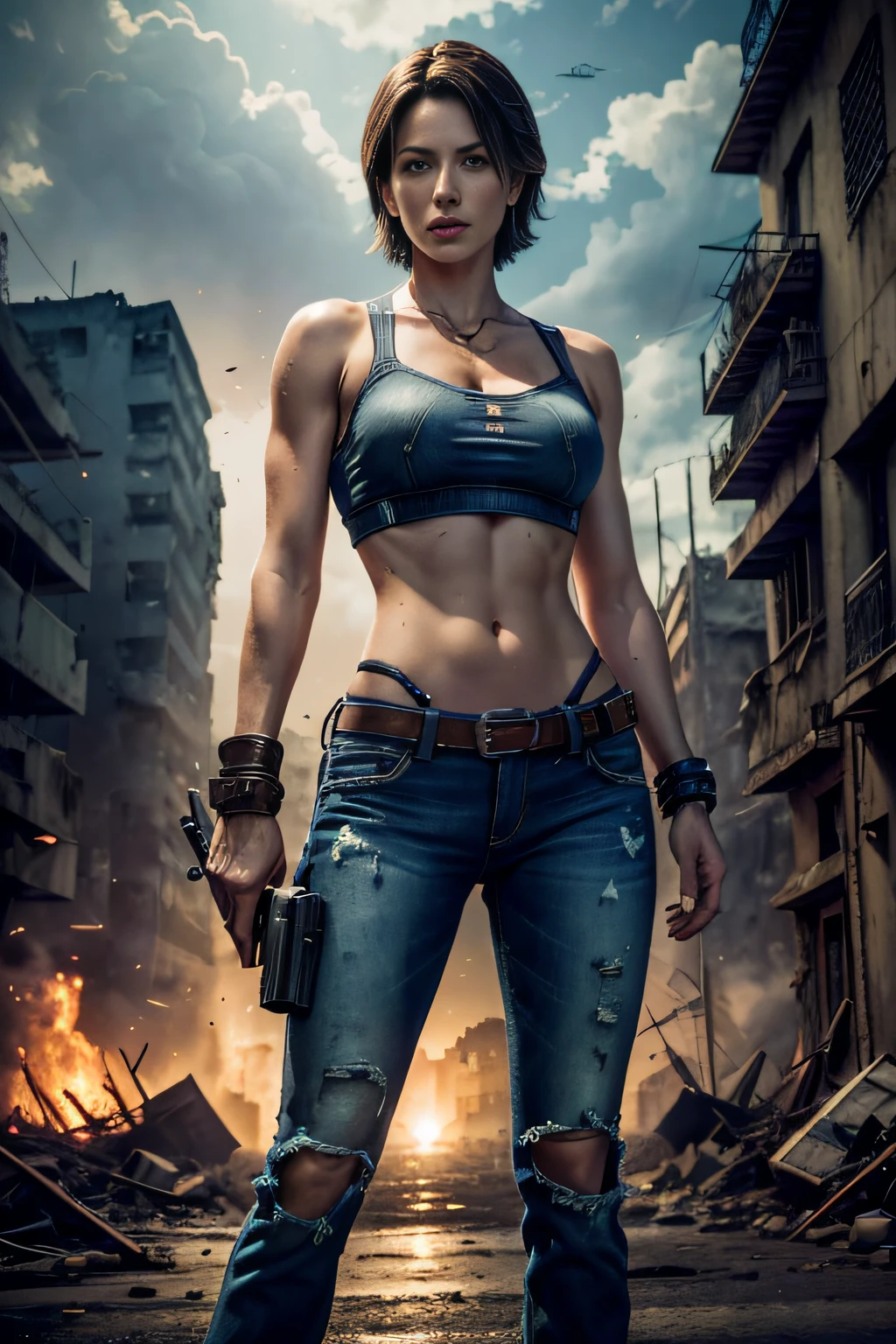 obra prima , cinematografic , HDR , image and volumetric lighting , Fotografando Poses ,Cowboy Tiro por Jill Valentine, short hair, tampo azul, Denim Jeans Pants, Resident Evil, fundo sombrio , misterioso , fundo do apocalipse zumbi , ((Destroyed city background)) , 8k