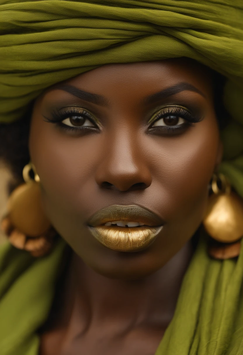 femme noire, nez pointu, nude-colored lip, frizzy hair, robe jaune longue africaine, boucle d'oreille en bois marron, bracelet en bois marron, fond simple vert olive
