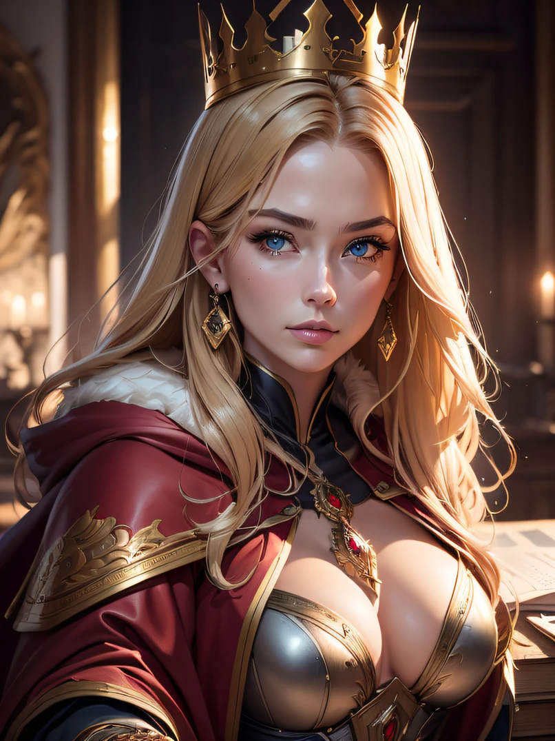 (top-quality、masuter piece:1.3)、reallistic、Realistic、cowboy  shot、analog style、face lights、Stunning portrait of a beautiful woman、1人の女性、(Warrior Queen Armor、Fur-lined cape、Luxurious red cloak、Golden crown adorned with precious stones)、Serious、glistning skin、Blonde Beauty、Blue eyes、Sharp eyes、hyperdetailed face、A detailed eye、slim figure、Read books、Write in a note、Detailed hand depiction、Quill pen、desk work、Soft stool、Gothic study of a medieval palace