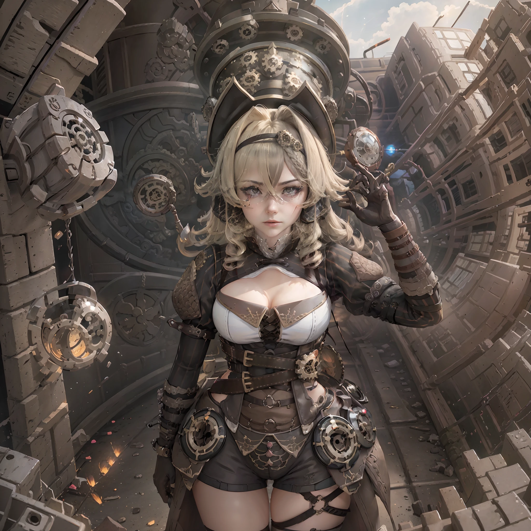 (best quality,highres,masterpiece:1.2),ultra-detailed,realistic 3D rendering,steampunk city,girl with intricate details,outfit inspired by Victorian fashion,long flowing hair,wearing goggles and gears,smoke and steam rising from the streets,metallic structures and gears everywhere,giant airships floating in the sky,sunlight peeking through the industrial buildings' windows,clouds of pollution hanging in the air,mysterious atmosphere with a touch of adventure,brass and copper tones,contrasting dark shadows and vibrant highlights,dramatic lighting from the lamps and lanterns,belts and harnesses with various tools attached,machinery whirring and clanging in the background,crumbling brick walls covered in ivy and overgrown plants,graffiti art depicting rebellious messages,timeless beauty amidst the gritty urban environment,shadows and reflections adding depth and dimension,vivid hues of rusty red and deep brown,impressive sense of scale and depth,immersive and captivating steampunk world.