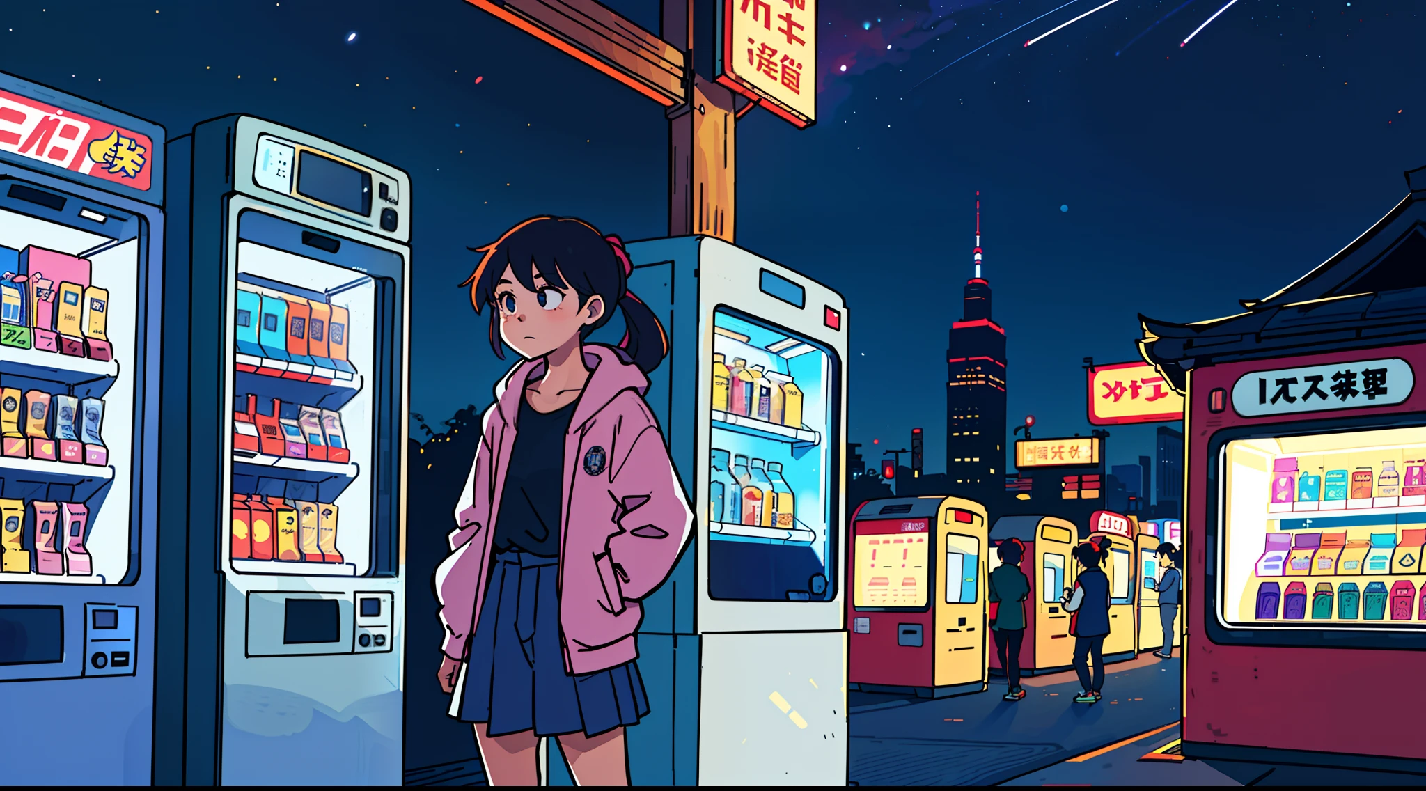 Girl in her 20s, (with vending machines lined up), Japan, ((night)), 90s,
(Best Quality: 0.8), (Best Quality: 0.8), Perfect Anime Illustration, Dark Unclear Face, Glowing Eyes