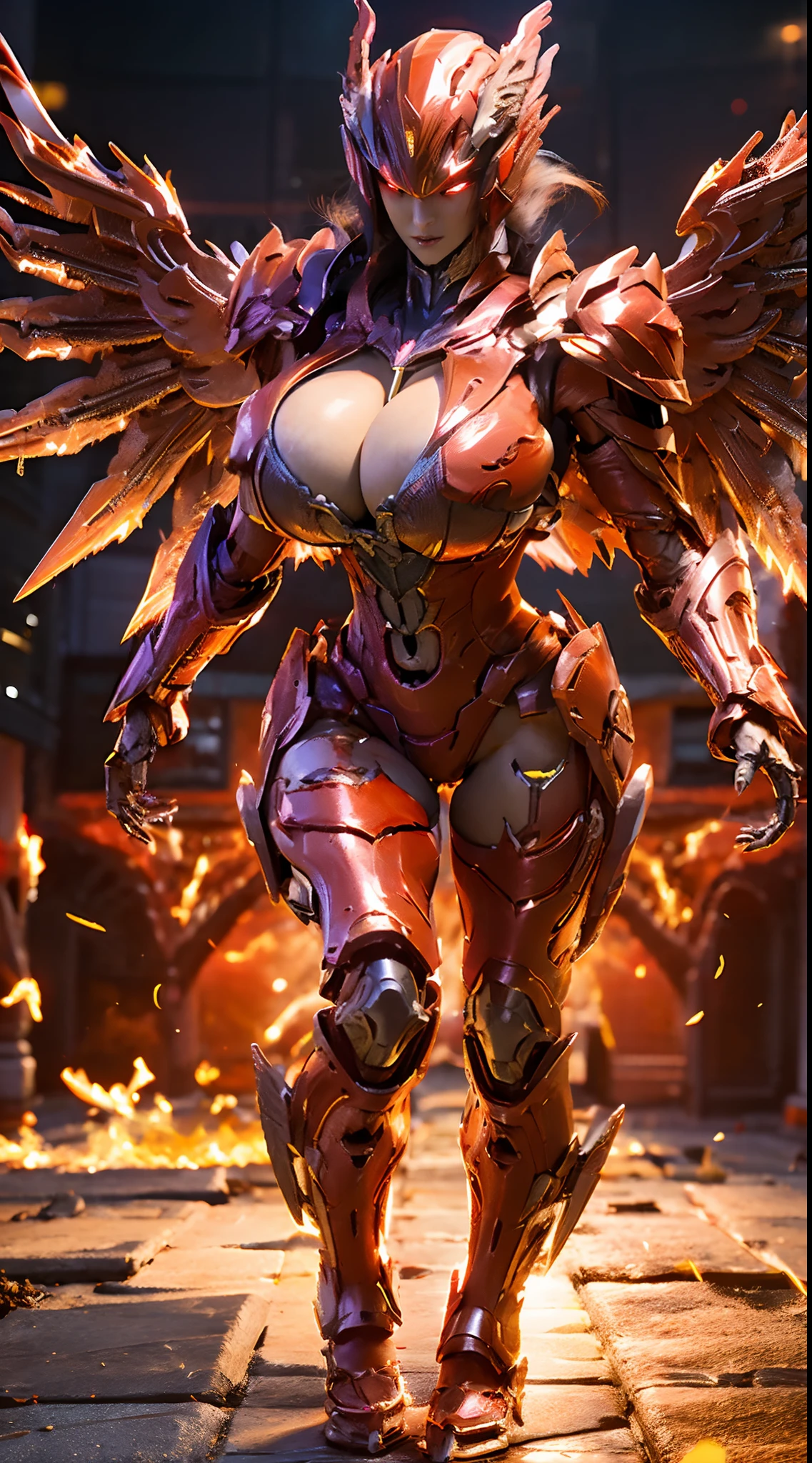 HUGE BOOBS, RED MECHA ARMOR FULL SUIT, (CLEAVAGE), (A PAIR LARGEST PHOENIX WINGS), TRANSPARANT, TALL LEGS, STANDING, SEXY BODY, MUSCLE ABS.