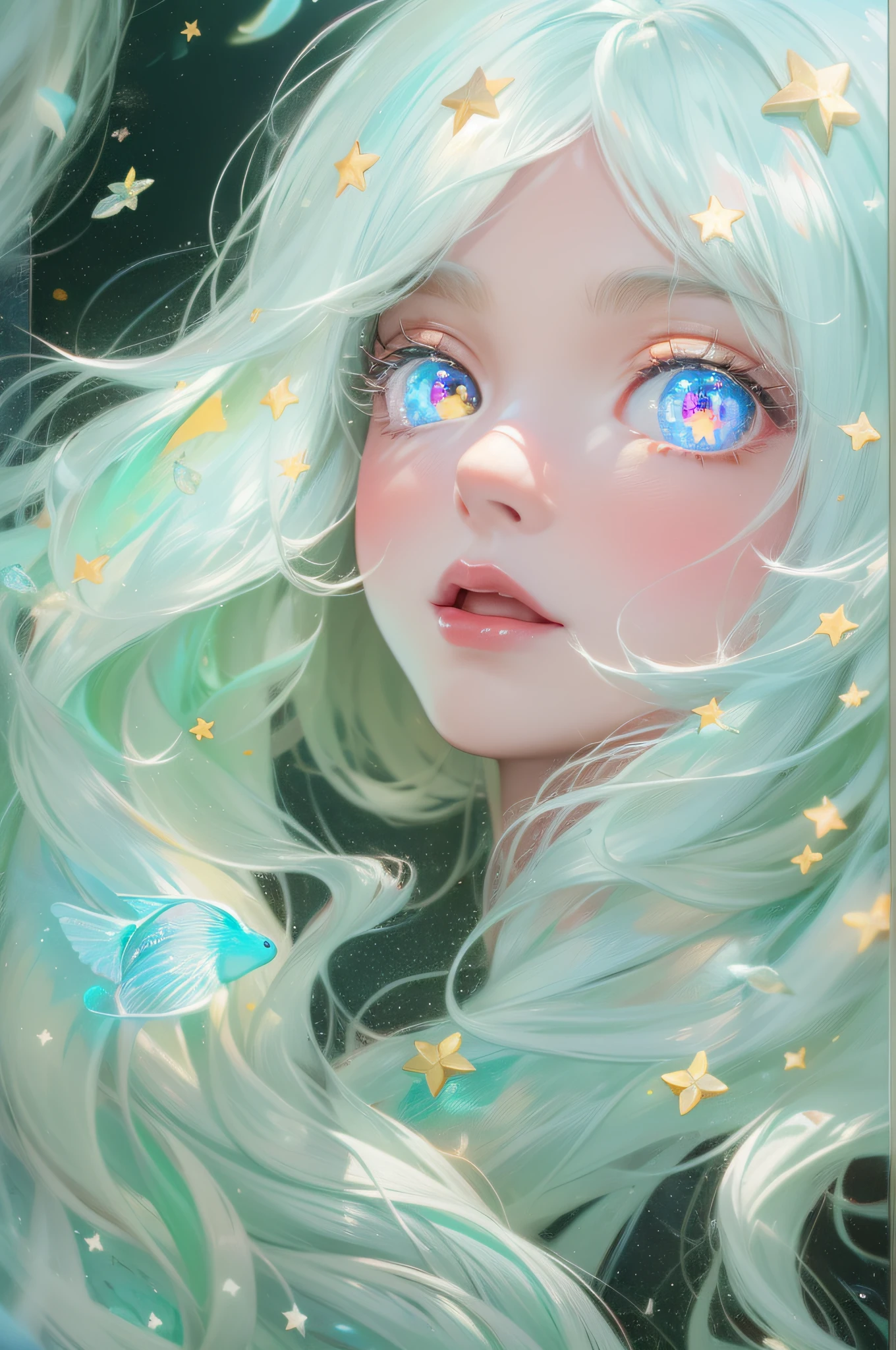 The perfect masterpiece,Highest quality,Perfect artwork,8K,
Upper Body Lens,(front portrait:1.5),Delicate face,Face Close-up,
Mermaid Girl,Bizarre glowing transparent eyes,Magical transparent eyes,Star Eyes,white hair,Holographic Phantom Background,
Digital Art,plane illustrations,colorful illustration,minimalist style,