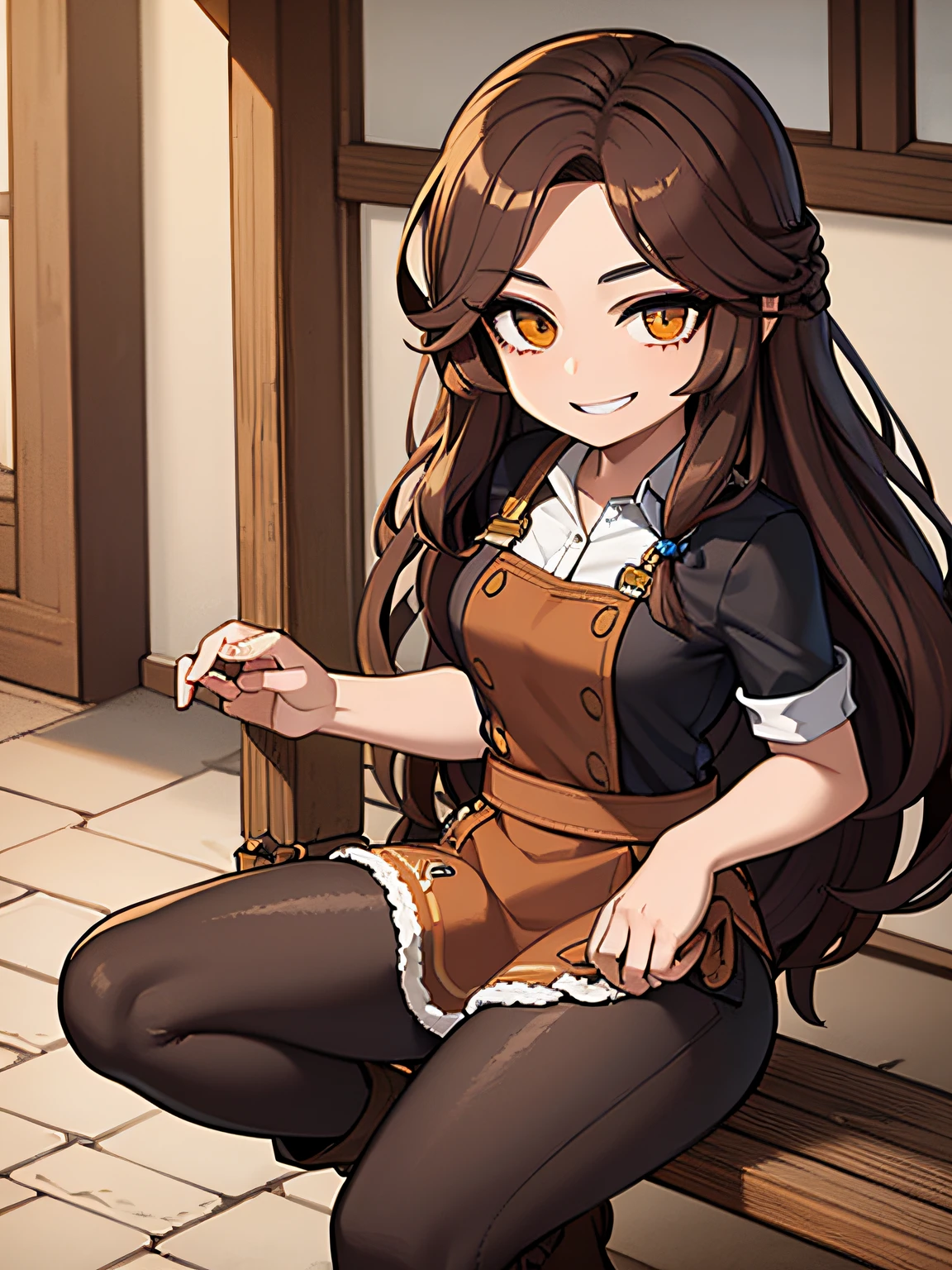 (1girl) (brown hair) A fantasy vendor of magical products, a sexy young woman with long, CURLY brown hair, wearing an apron with pockets, she looks to be in her late s perhaps early 20s, Her youthful appearance and bright smile make her seem approachable and friendly, she is wearing a simple brown tunic and matching pants, with leather boots