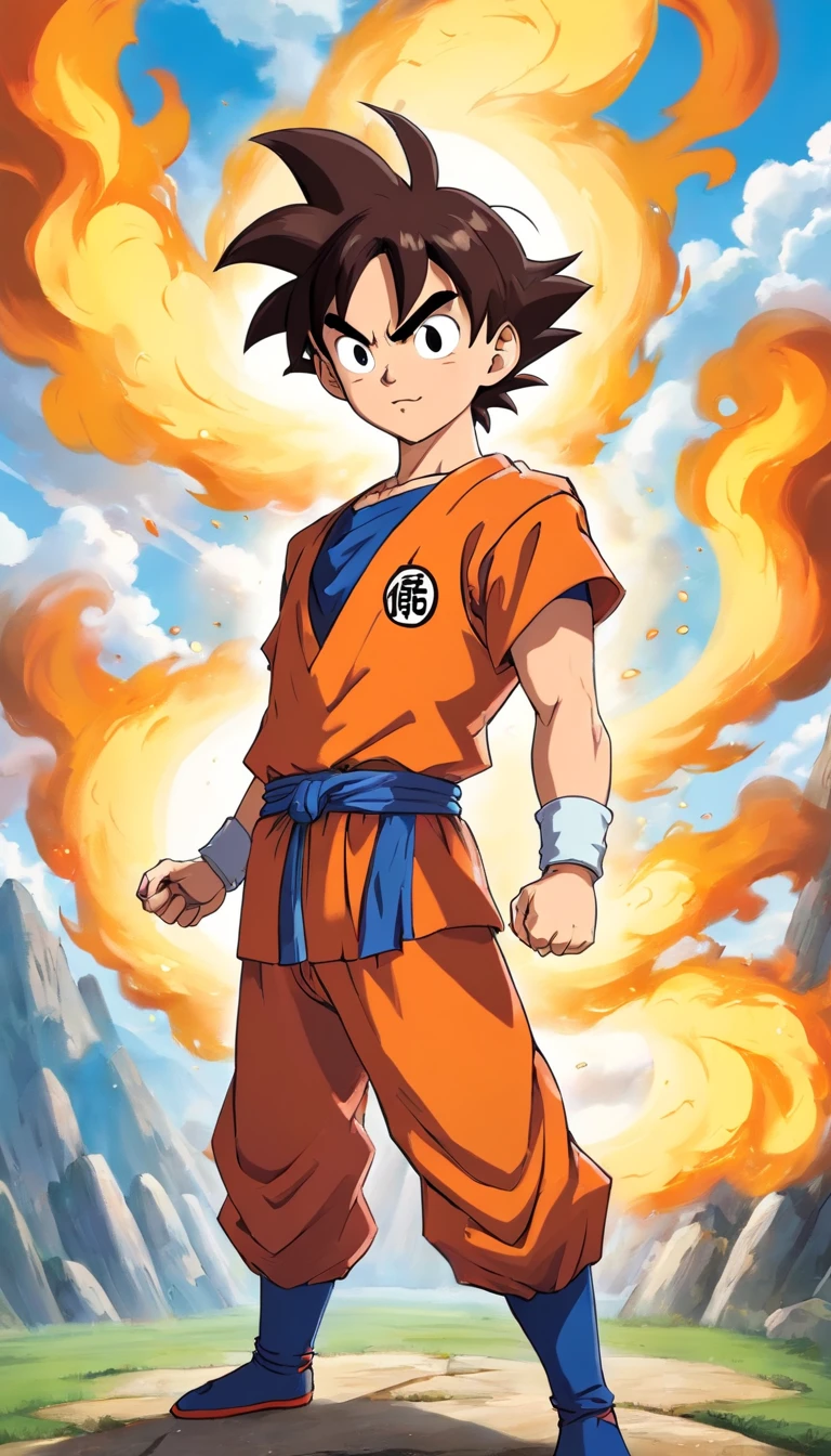 Un chico,Estilo de pintura Dragon Ball,Estilo de pintura Akira Toriyama,Fuerza de fuego+vapor+Goku de niebla, Top is broken, Saiyan full of blazing flames and pyrotechnic skills,Actionpose,cuerpo completosbian,(llama:0.7),Procesamiento competente de efectos especiales,High detail